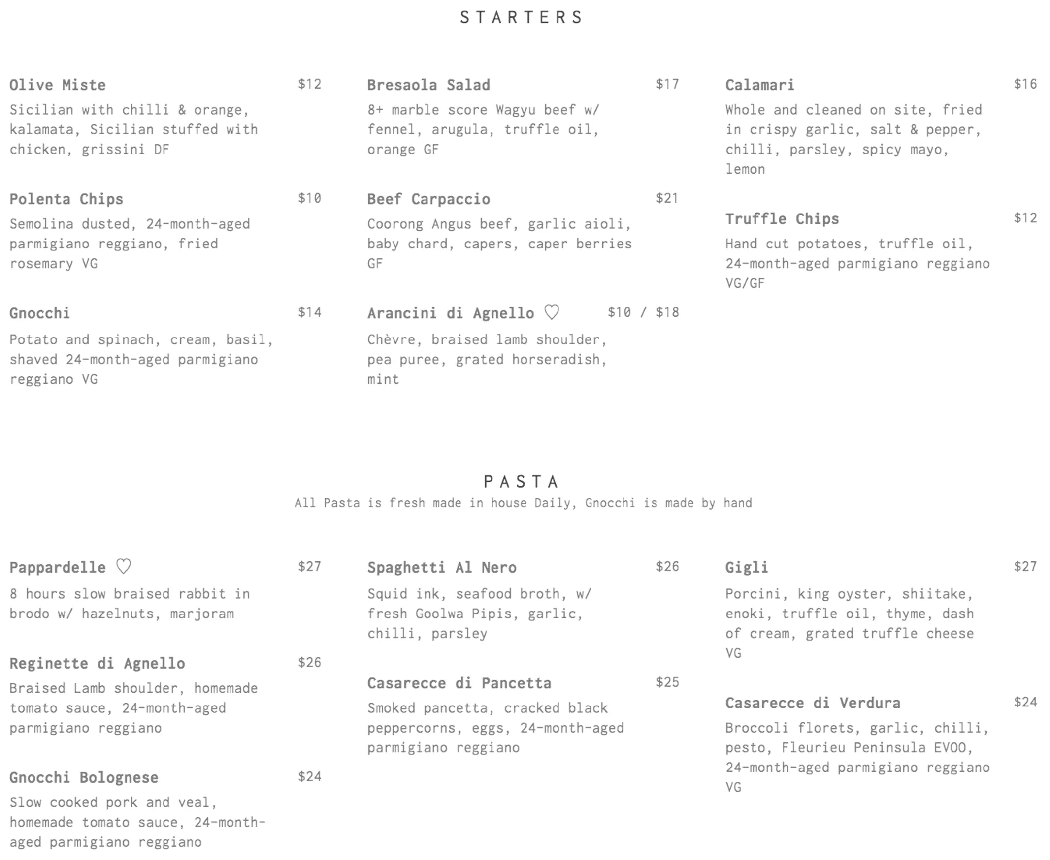 Farina 00 Pasta & Wine menu, page 1