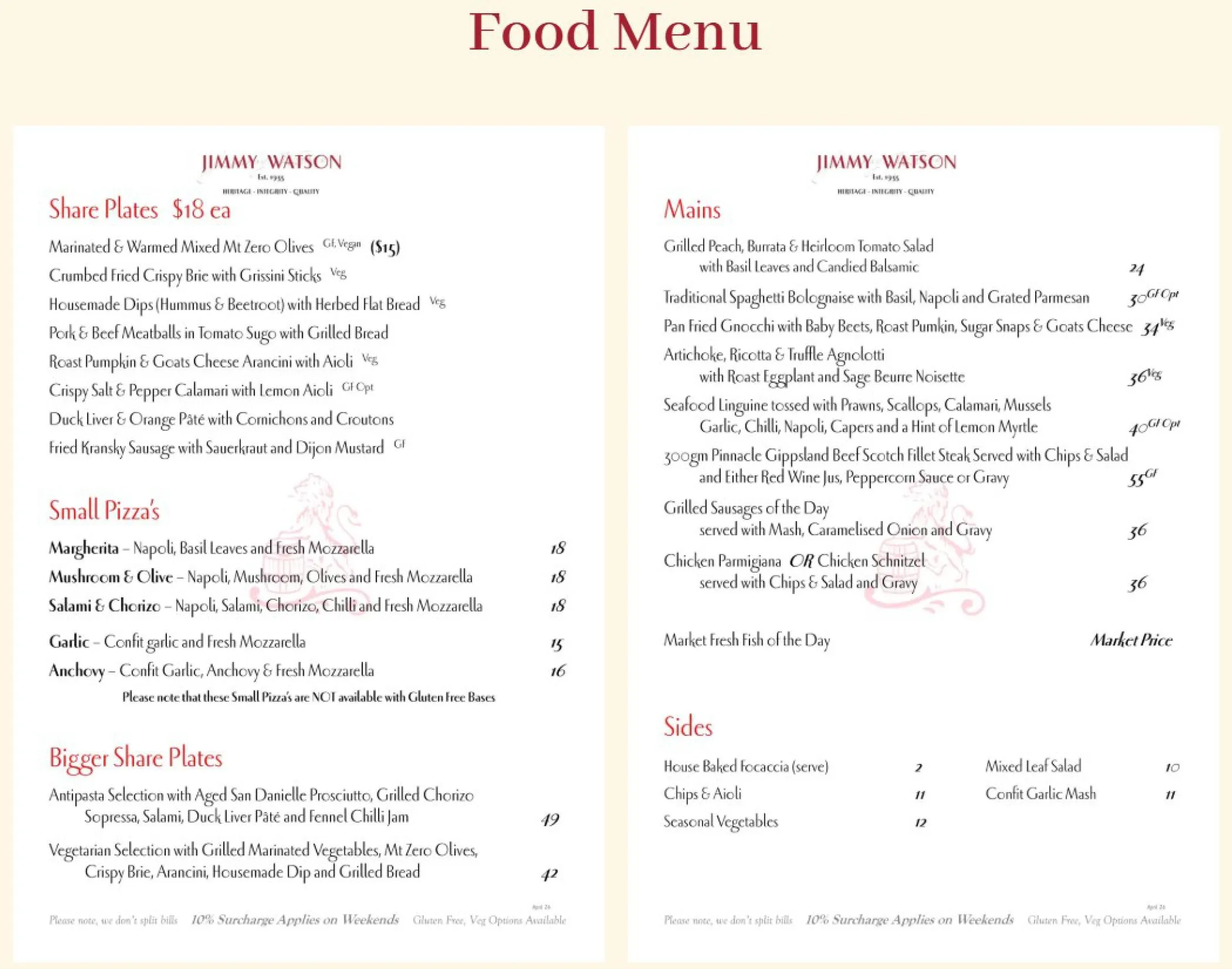 Jimmy Watson's menu, page 1