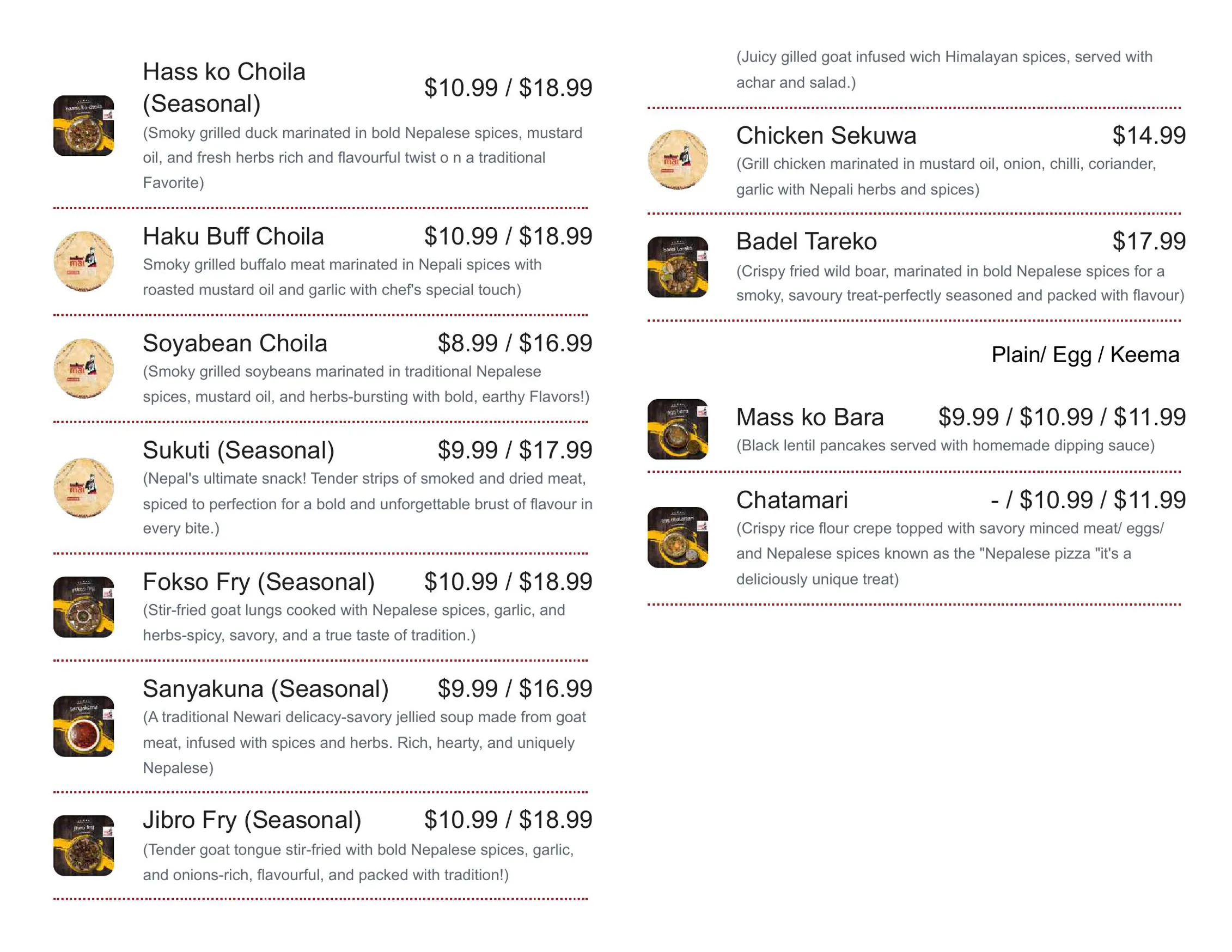 Maicha Nepalese Restaurant menu, page 5
