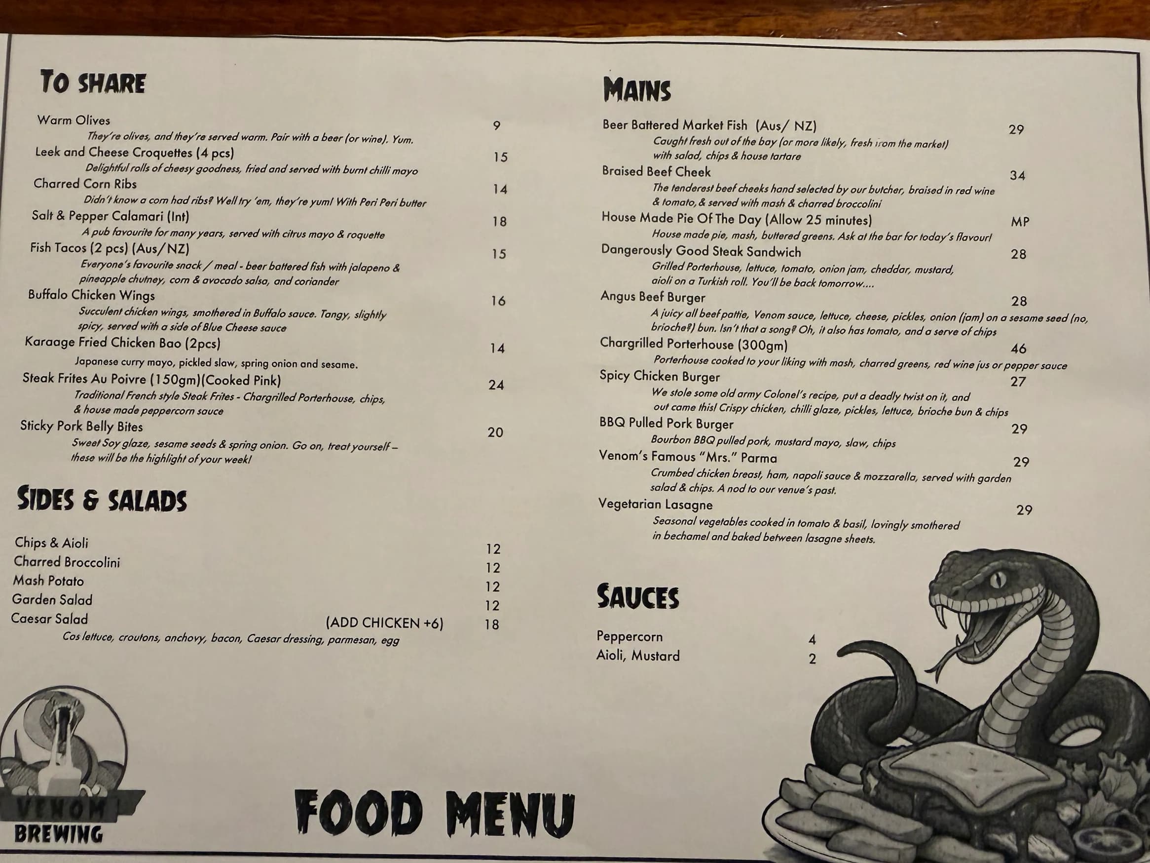 Venom Brewing Taphouse menu, page 1