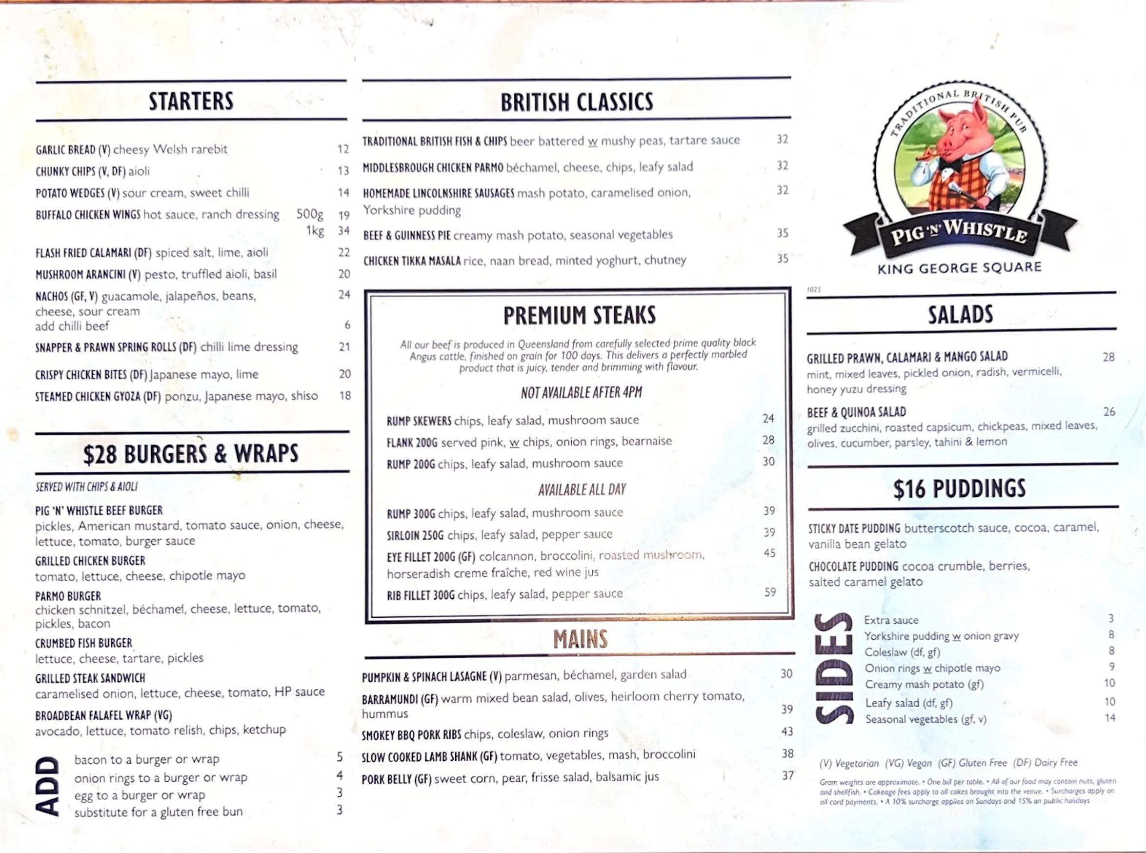 Pig 'N' Whistle menu, page 1