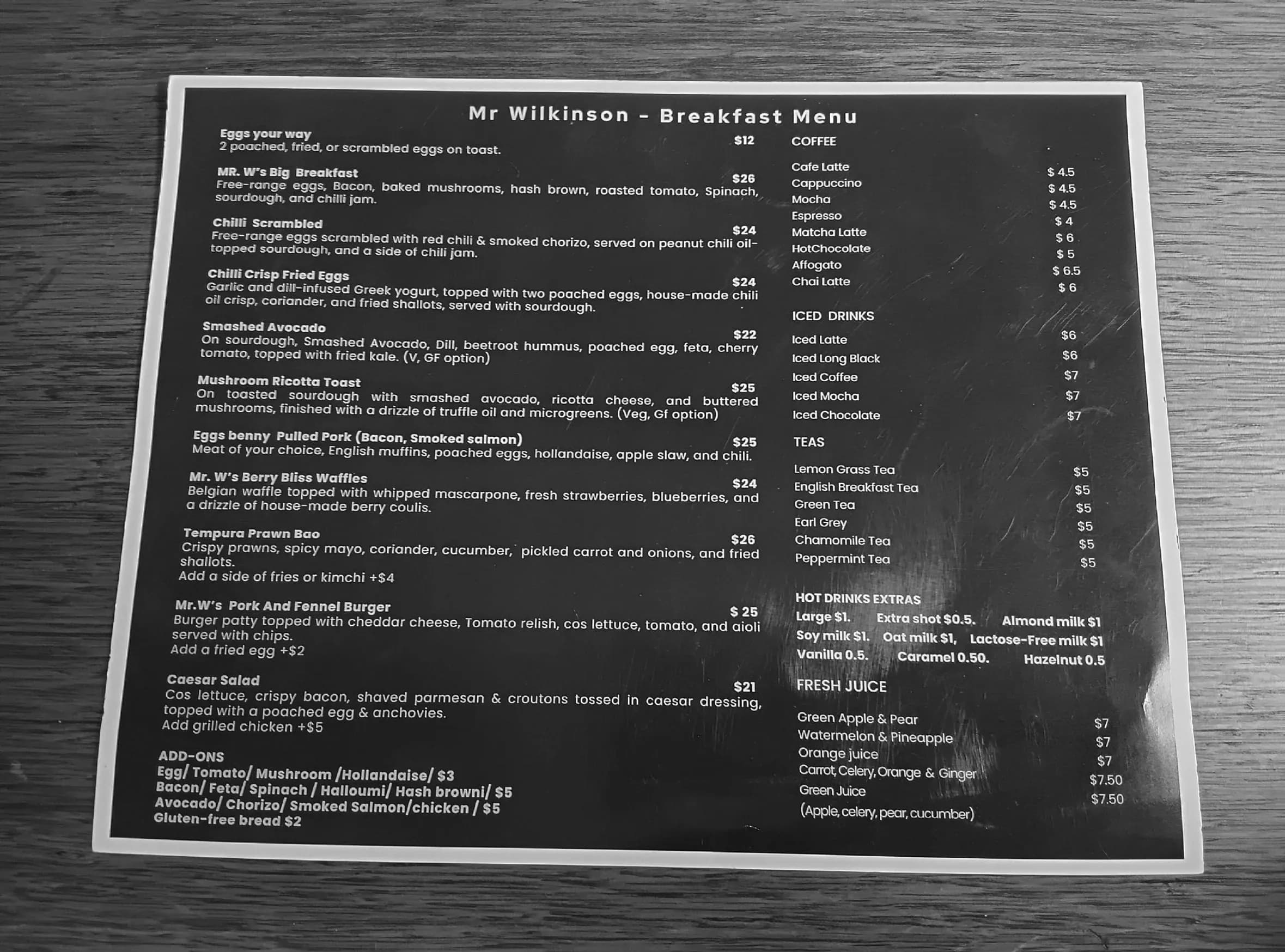 Mister Wilkinson Cafe & Bar menu, page 1