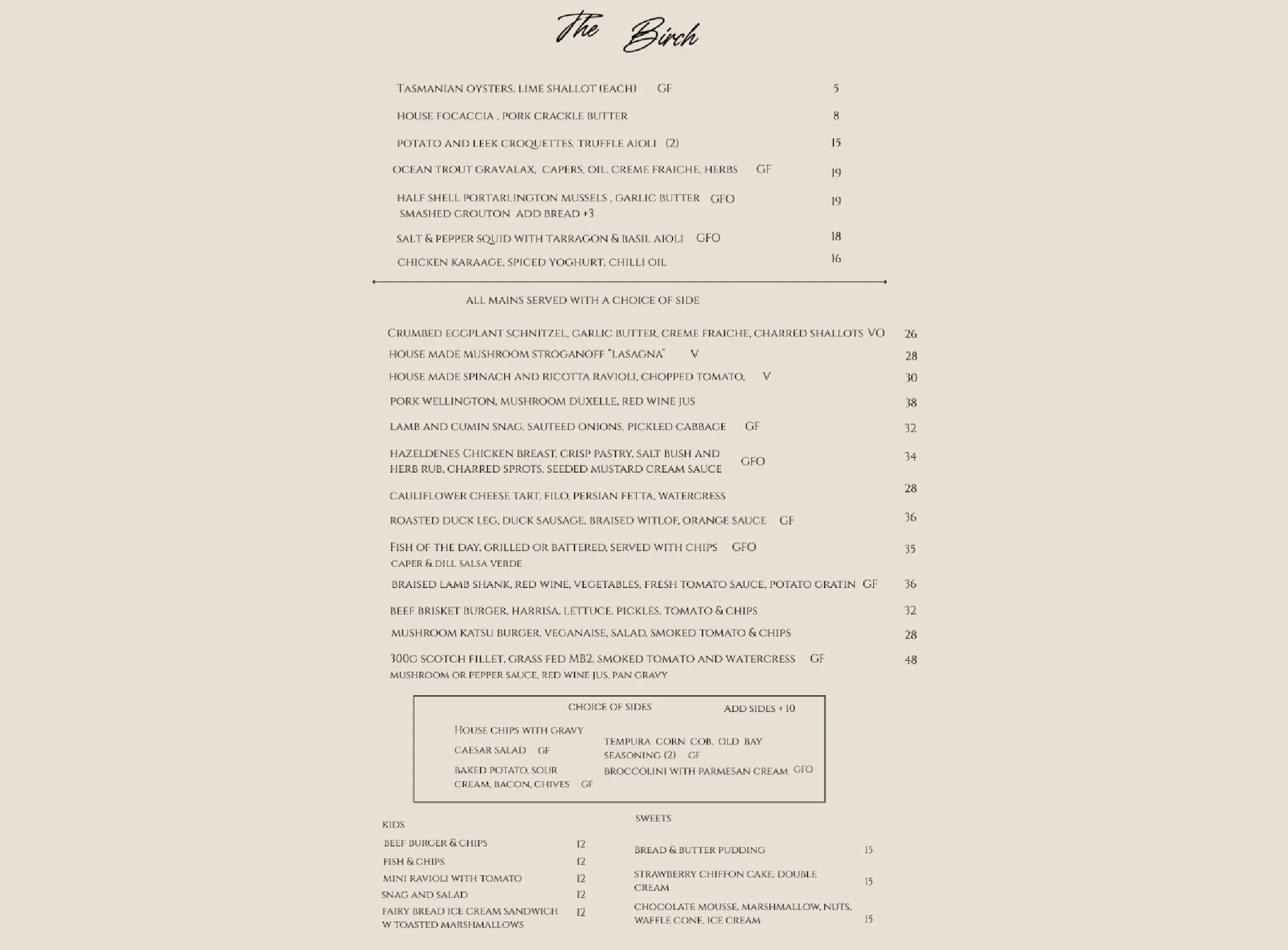 The Birch Bar & Restaurant menu, page 1