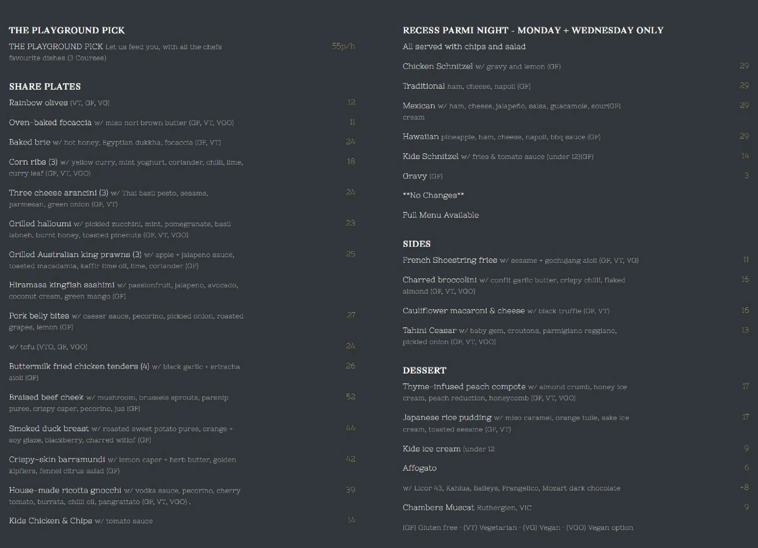 Recess Bar + Eats menu, page 1