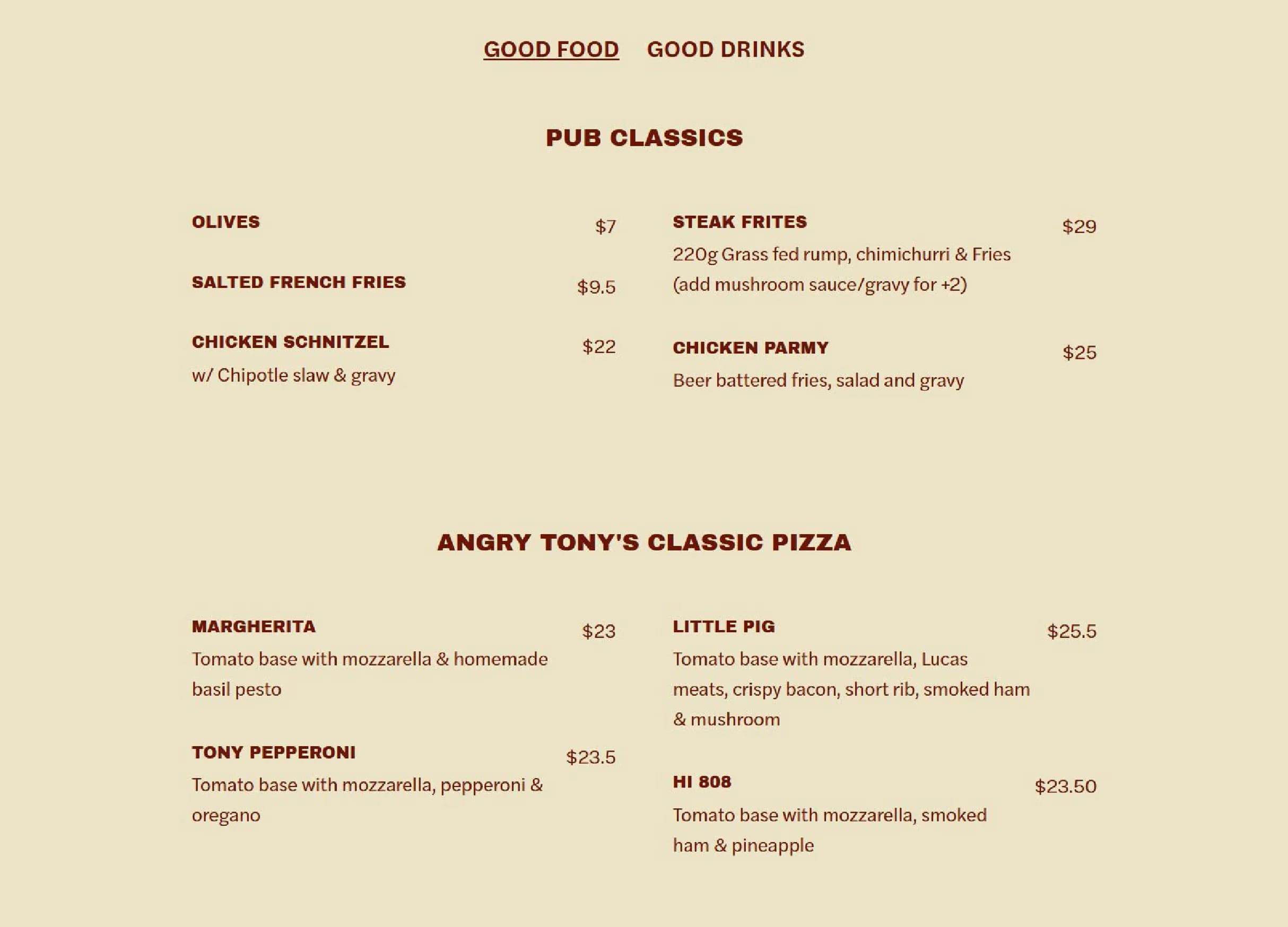 Angry Tonys menu, page 1