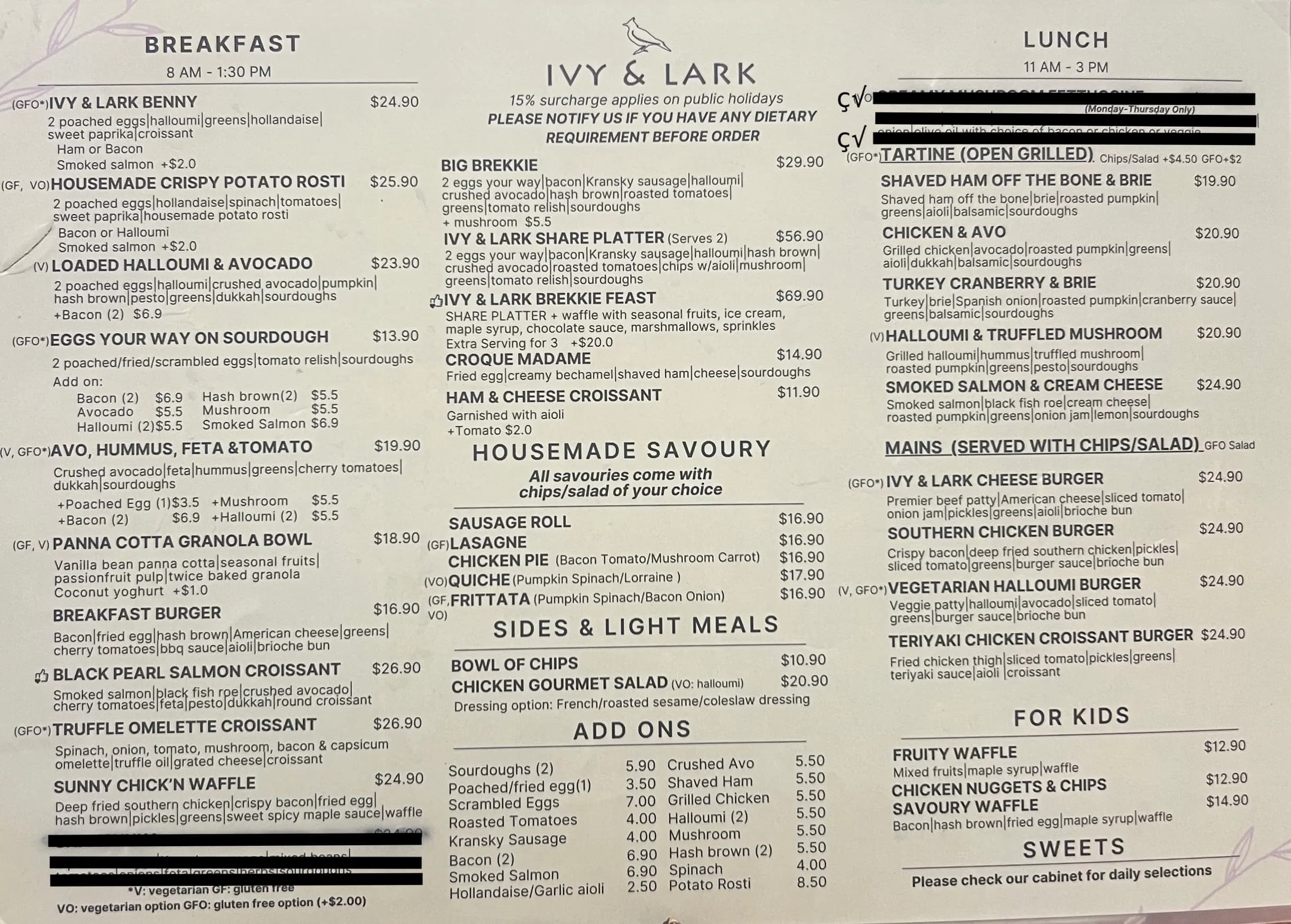 Ivy & Lark menu, page 1