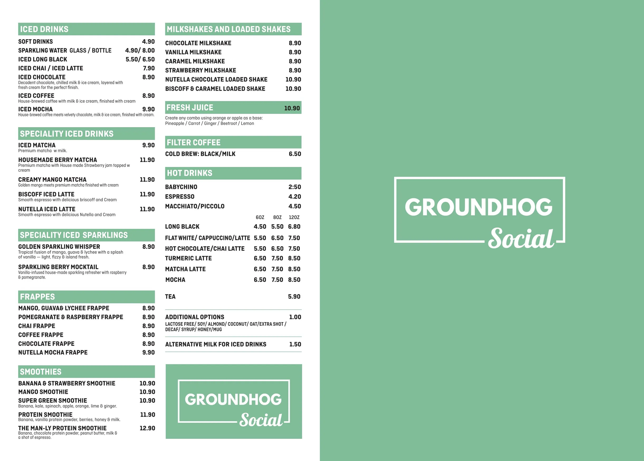 Groundhog Social menu, page 1