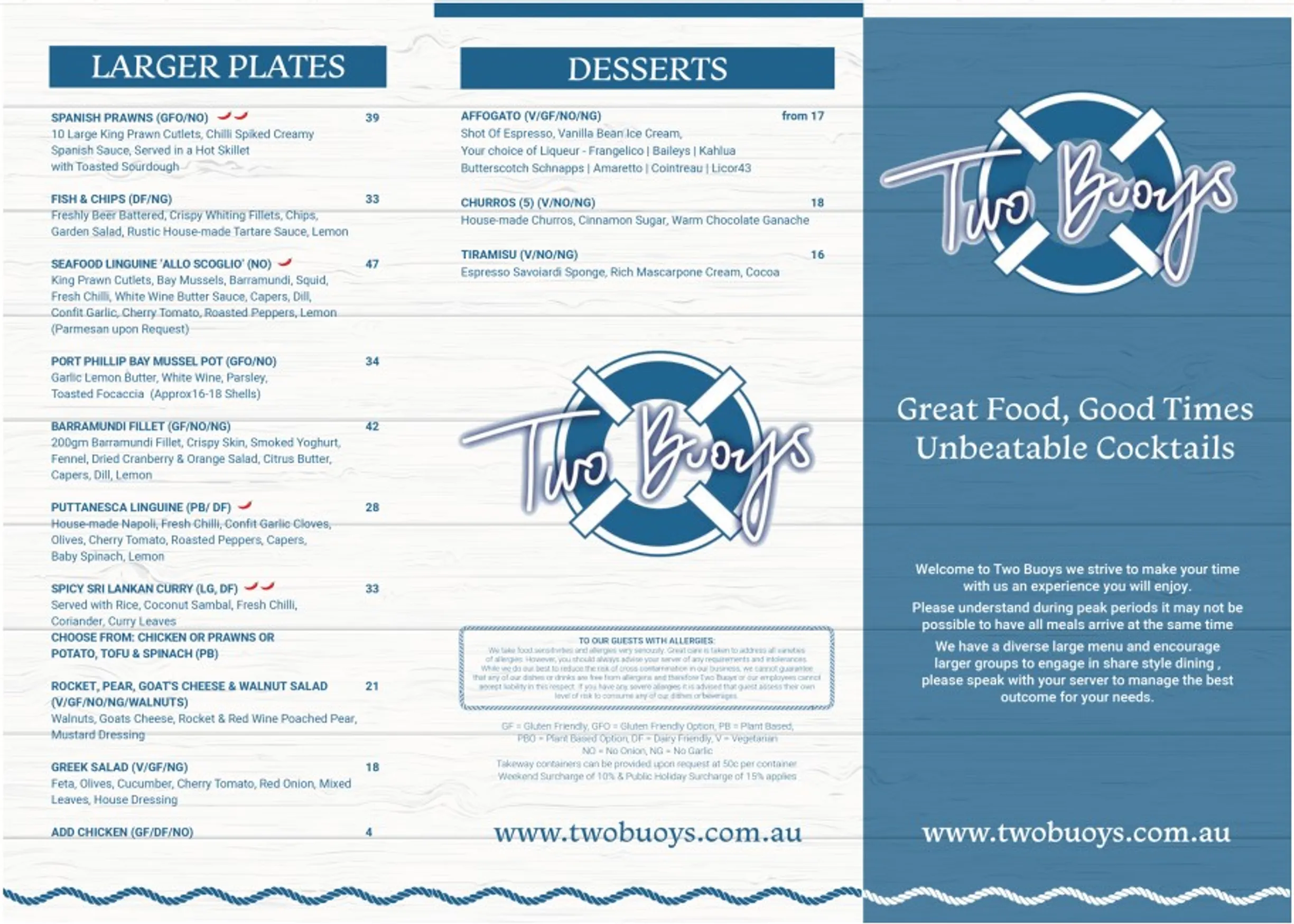 Two Buoys menu, page 2
