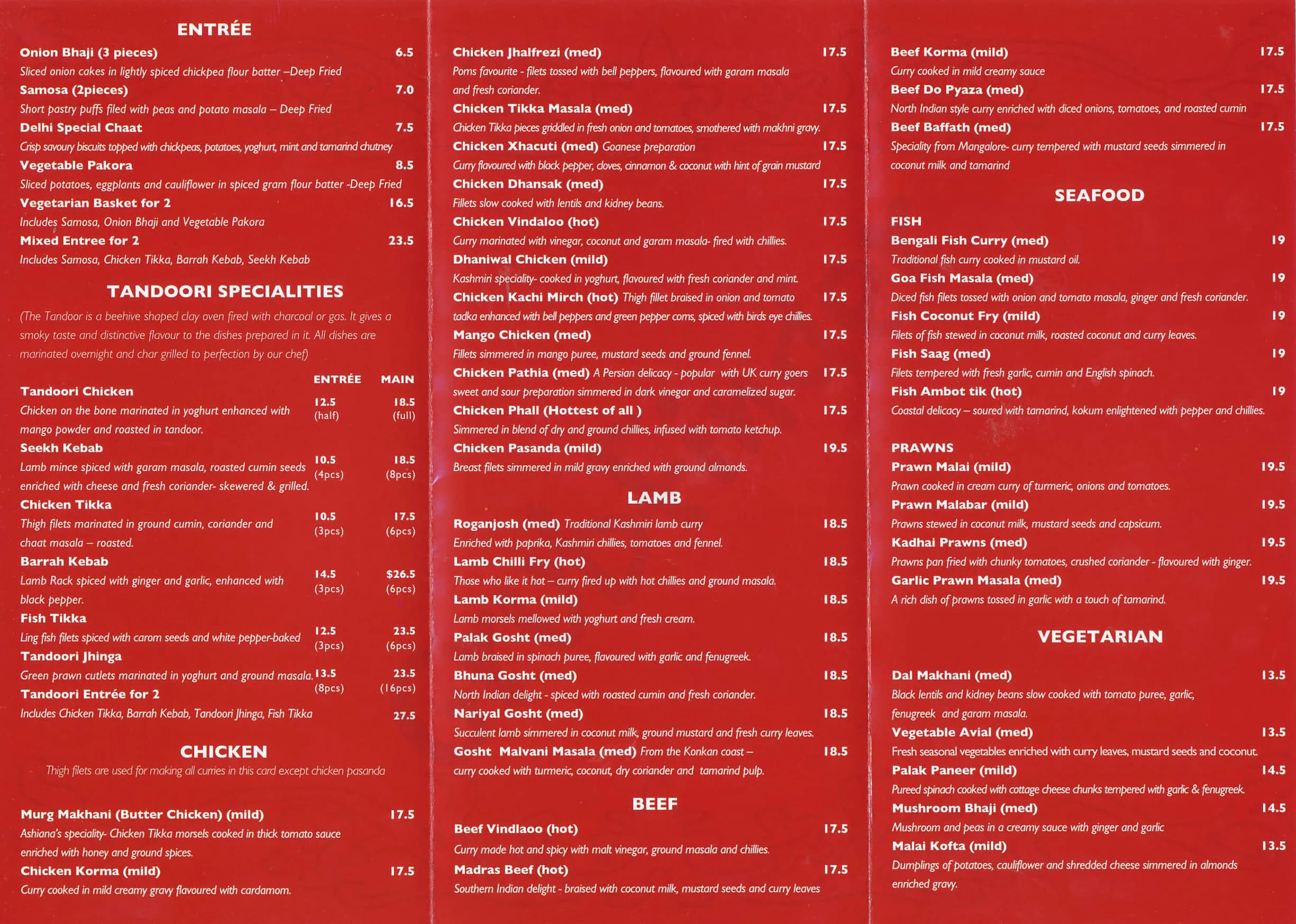 Ashiana Indian Restaurant menu, page 1