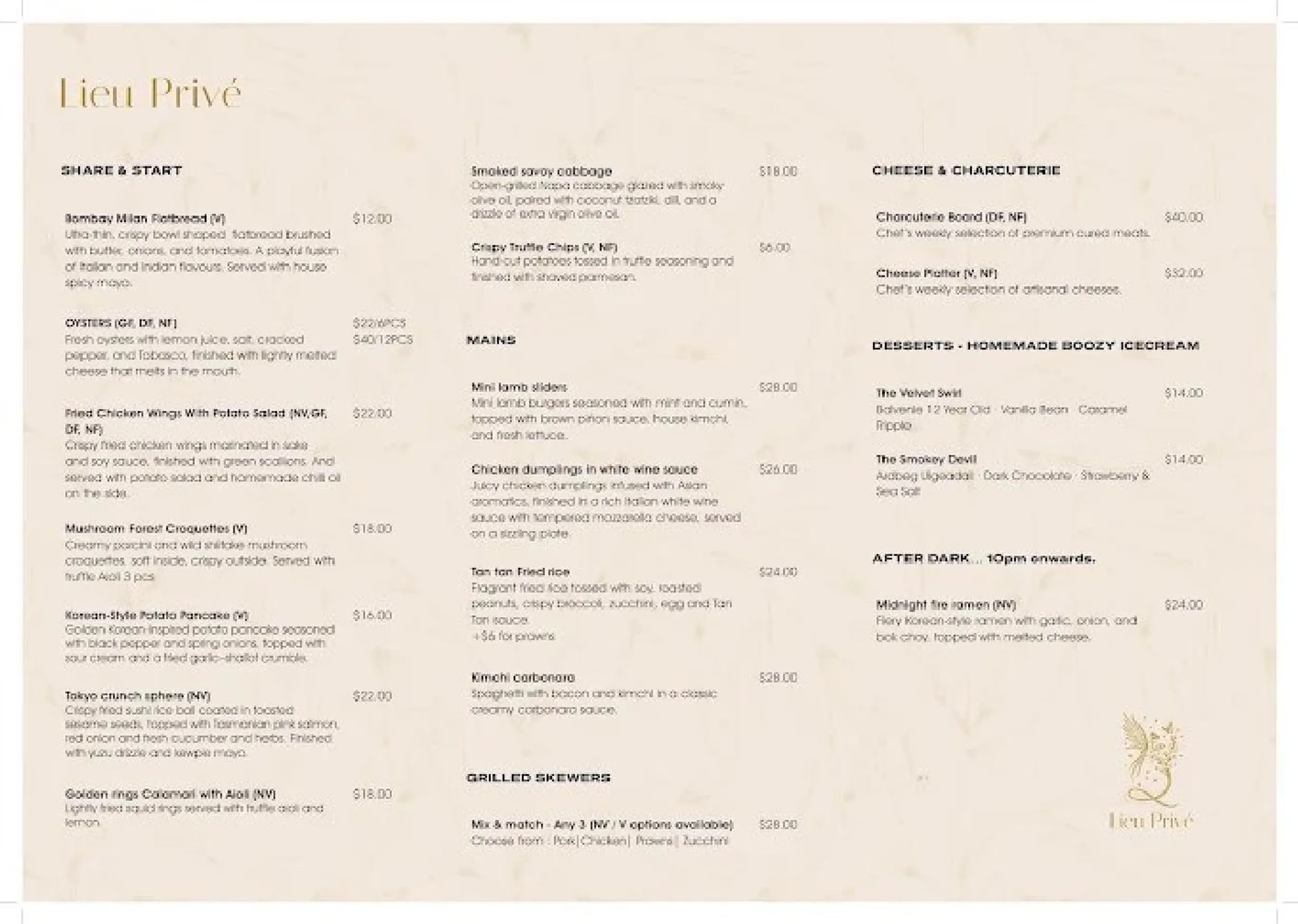 Lieu Privé Cocktail Bar menu, page 1