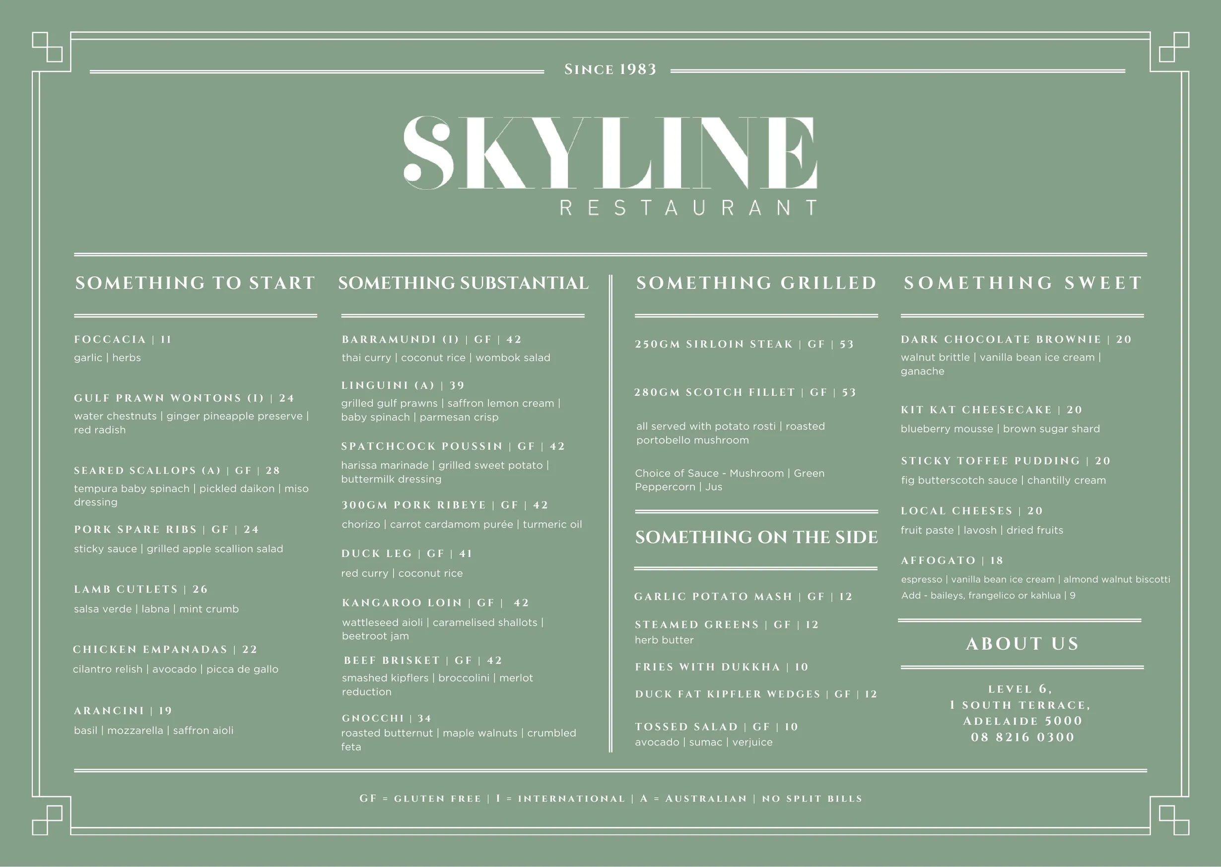 Skyline Restaurant & Bar menu, page 1