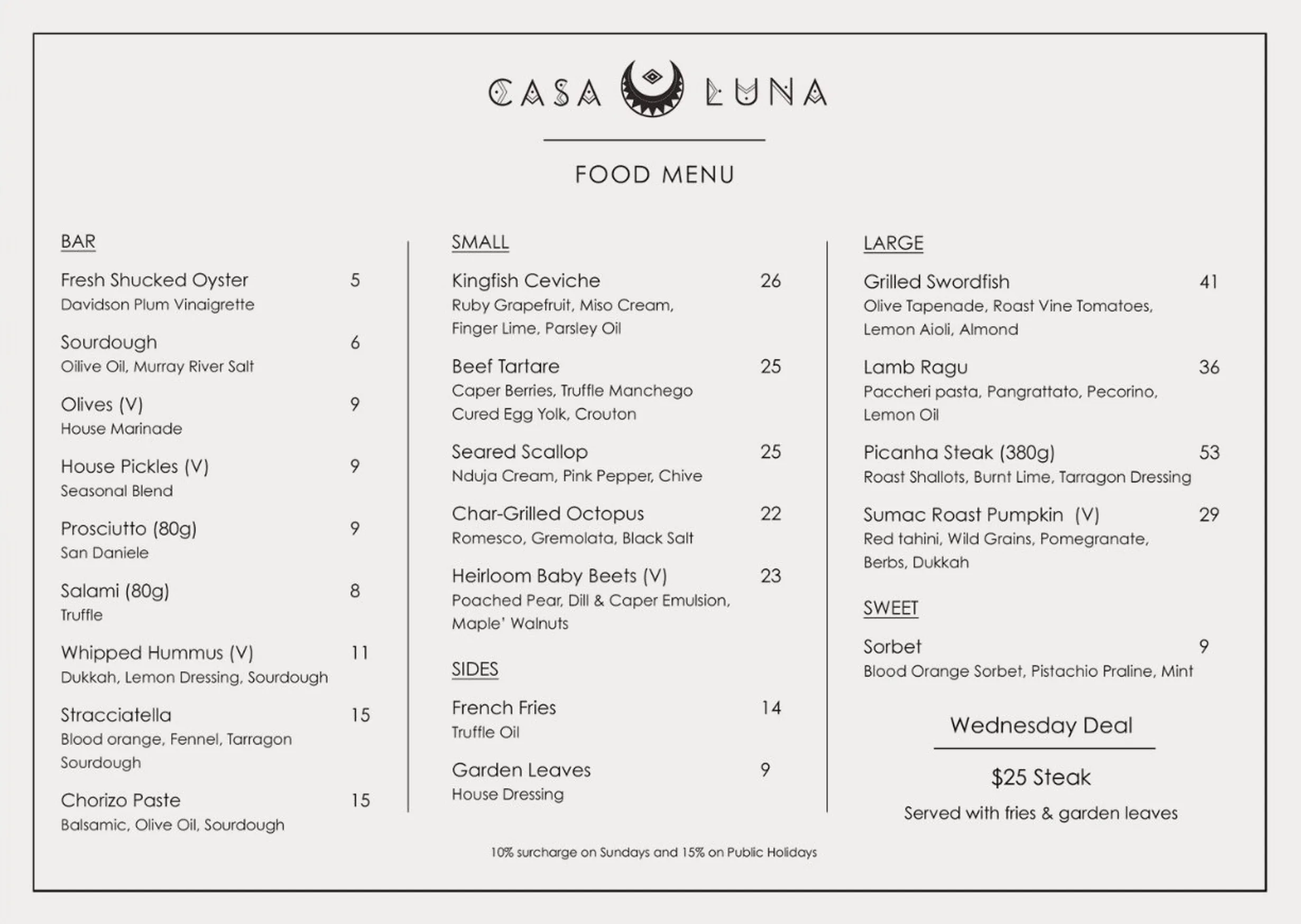Casa Luna menu, page 1