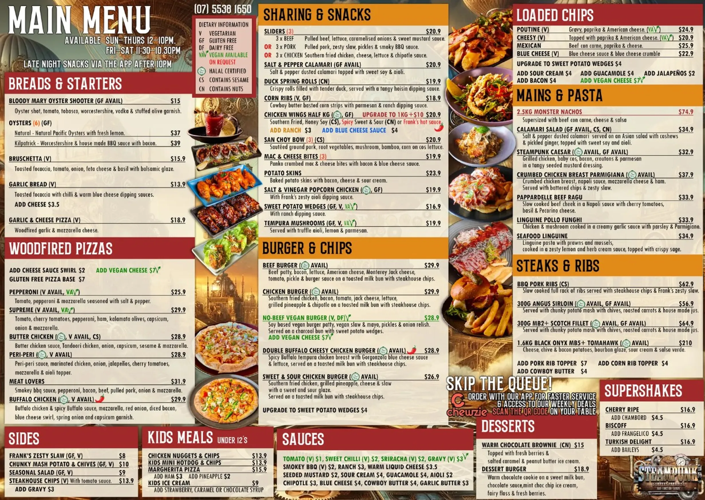 Steampunk Surfers Paradise menu, page 1