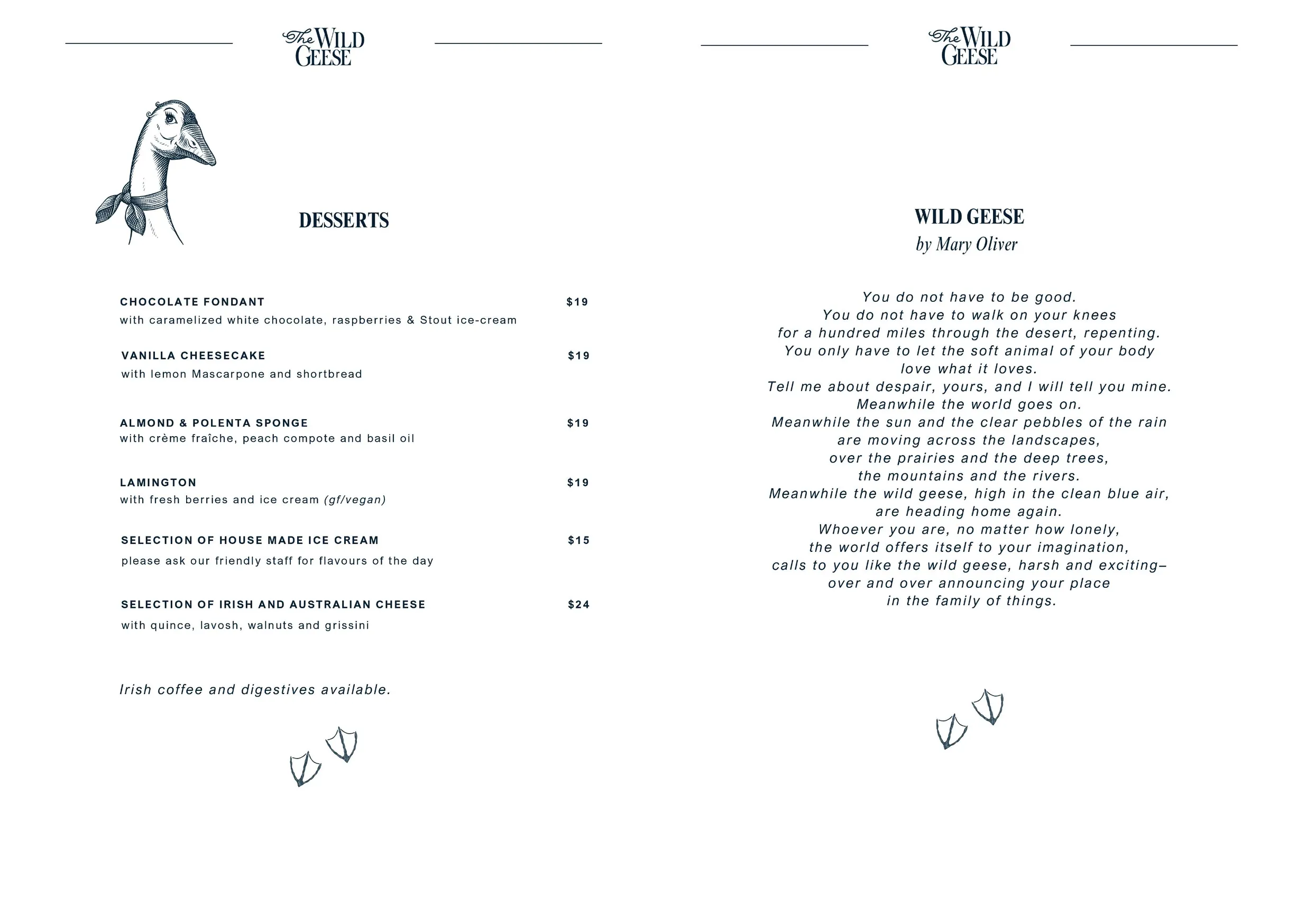 The Wild Geese menu, page 2