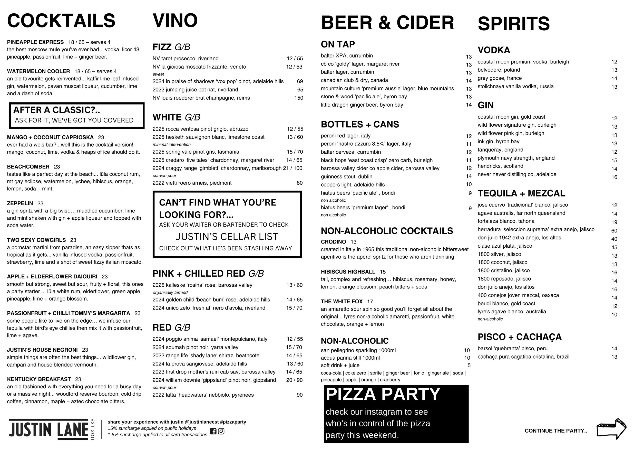 Justin Lane menu, page 3