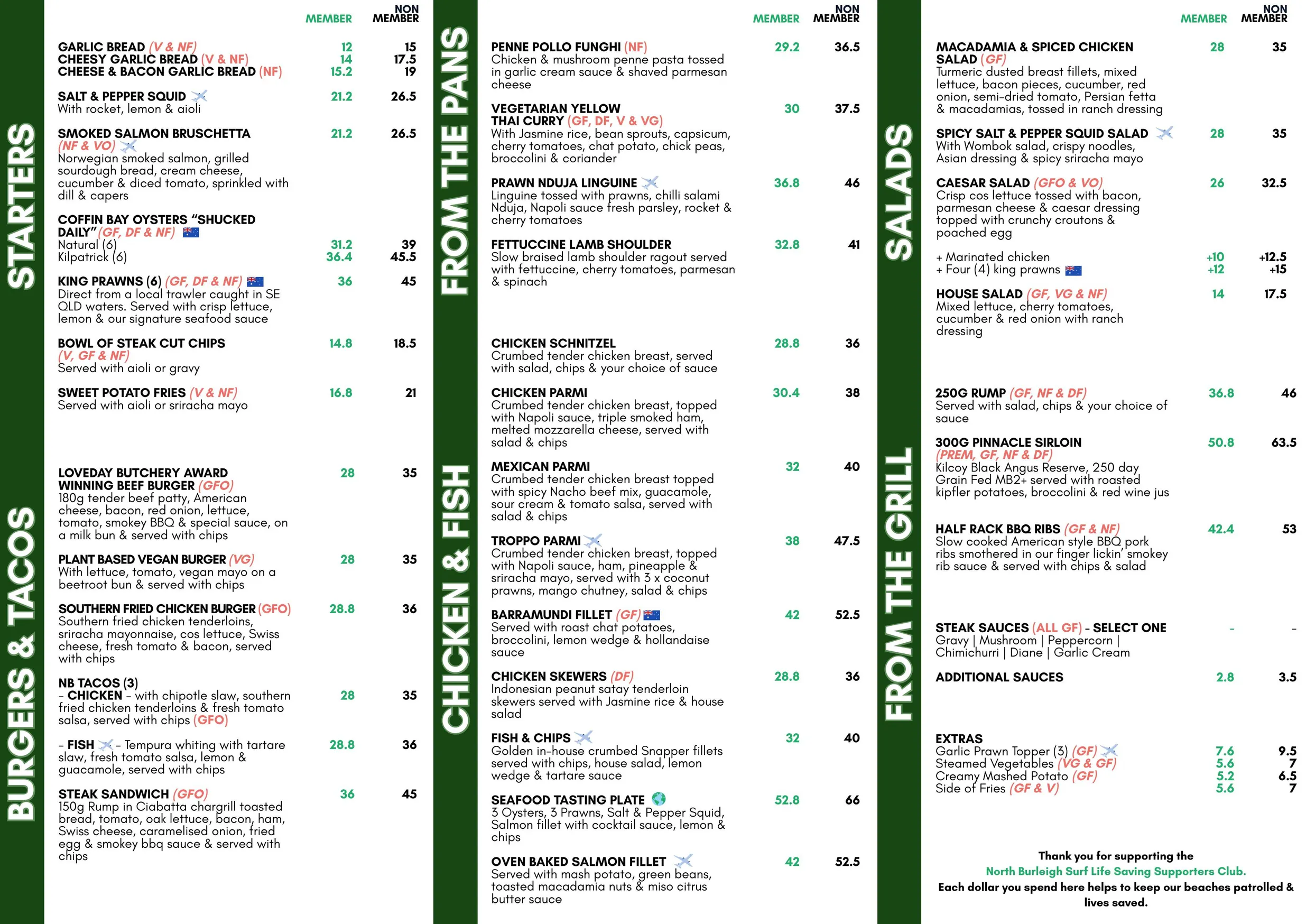North Burleigh Surf Club menu, page 1