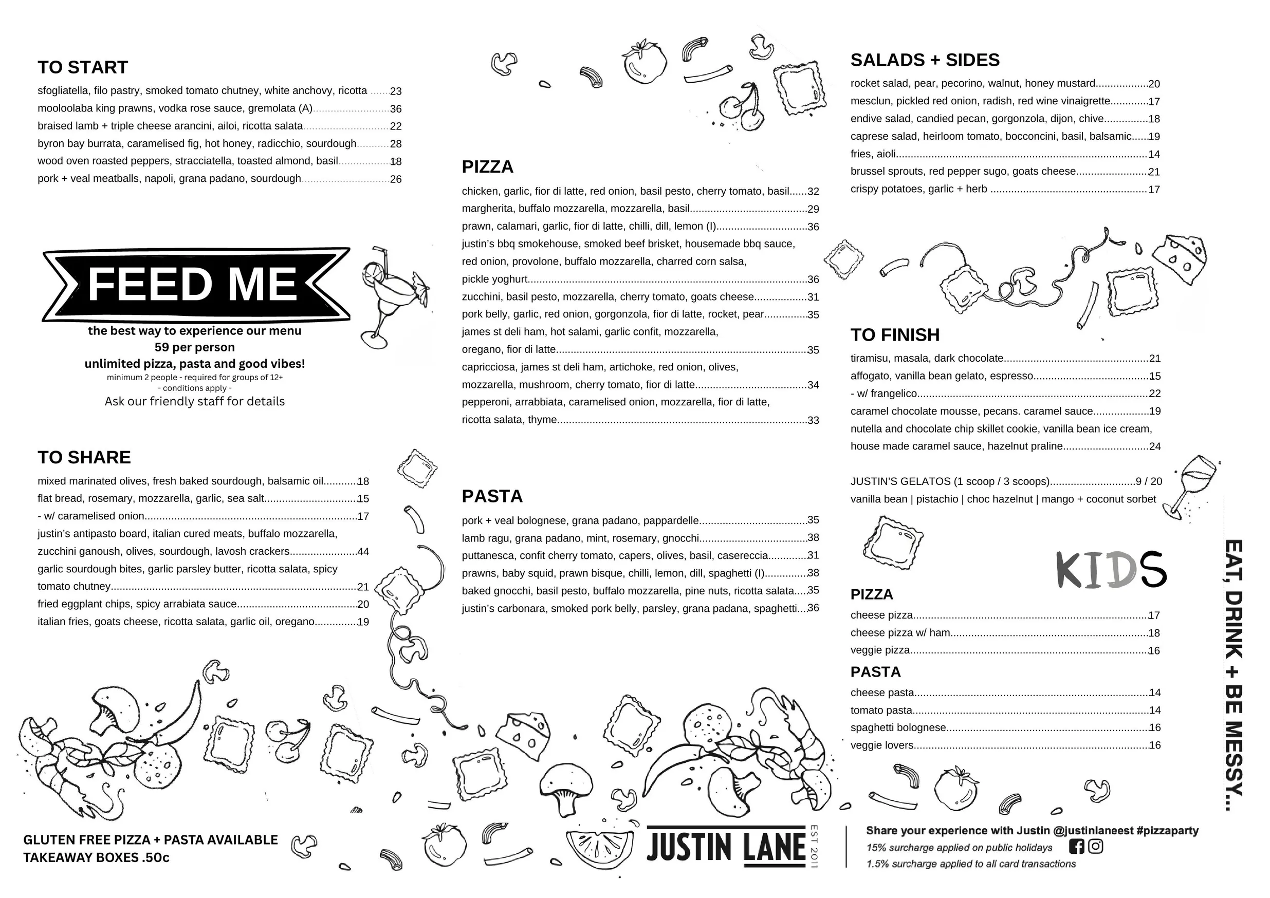 Justin Lane menu, page 1