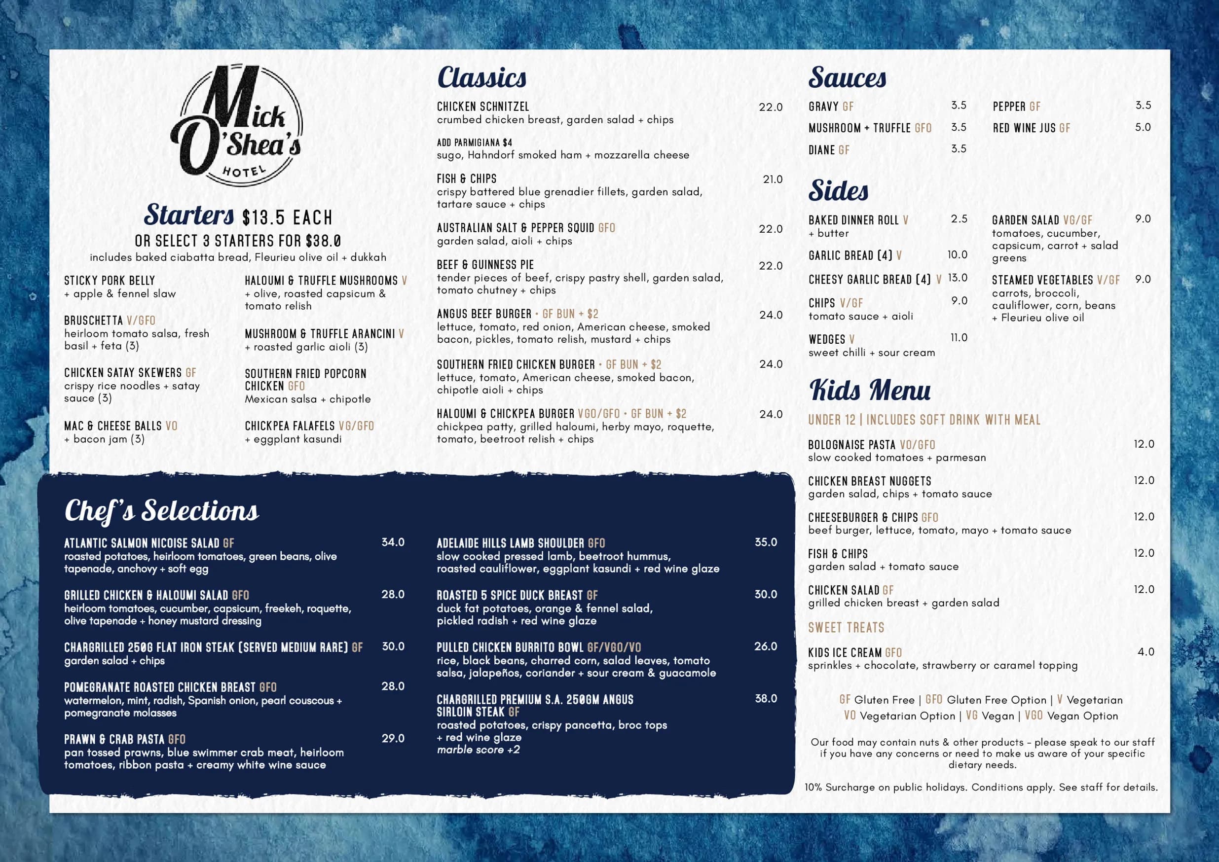 Mick O'Shea's Hotel menu, page 1