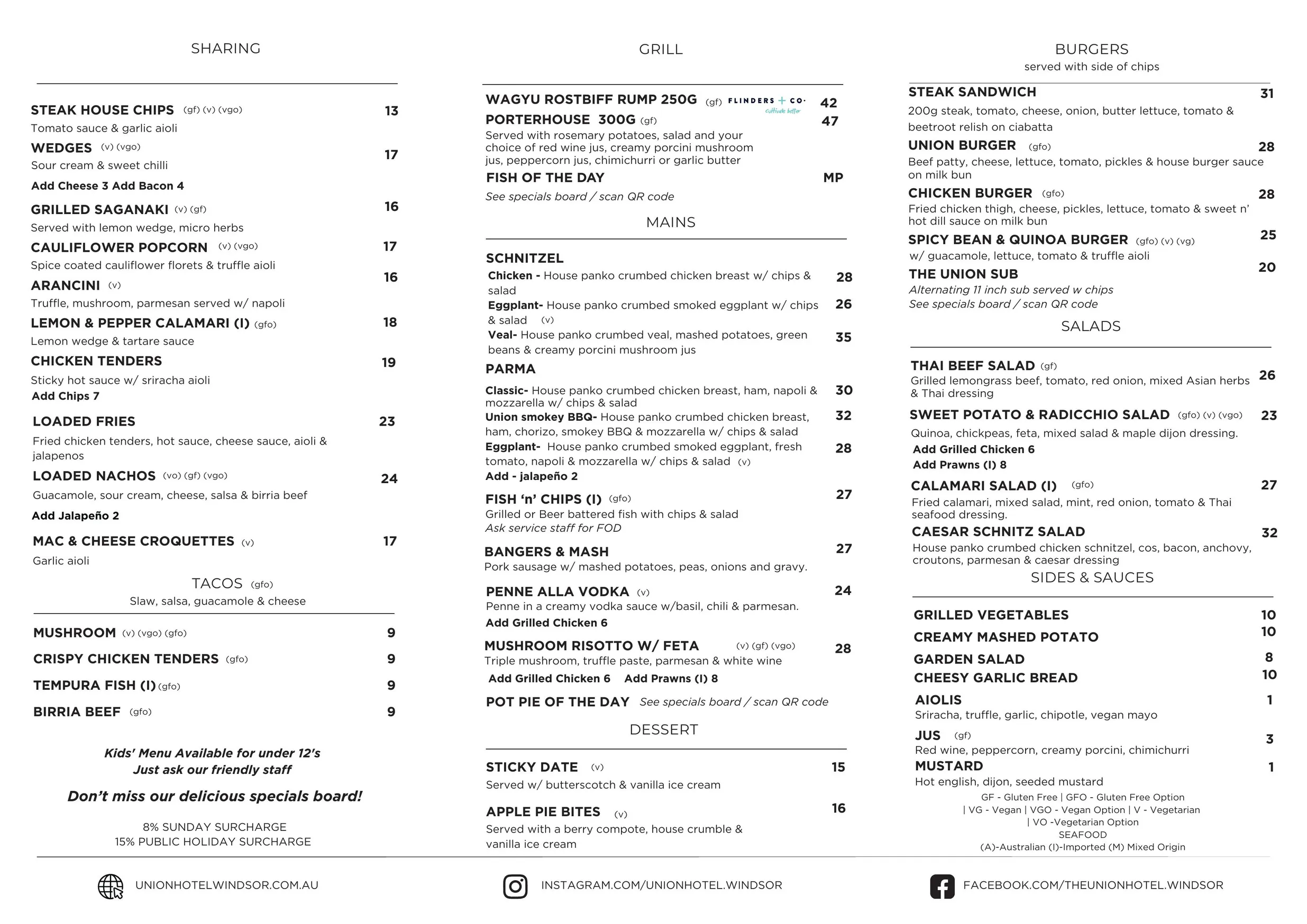 Union Hotel menu, page 1