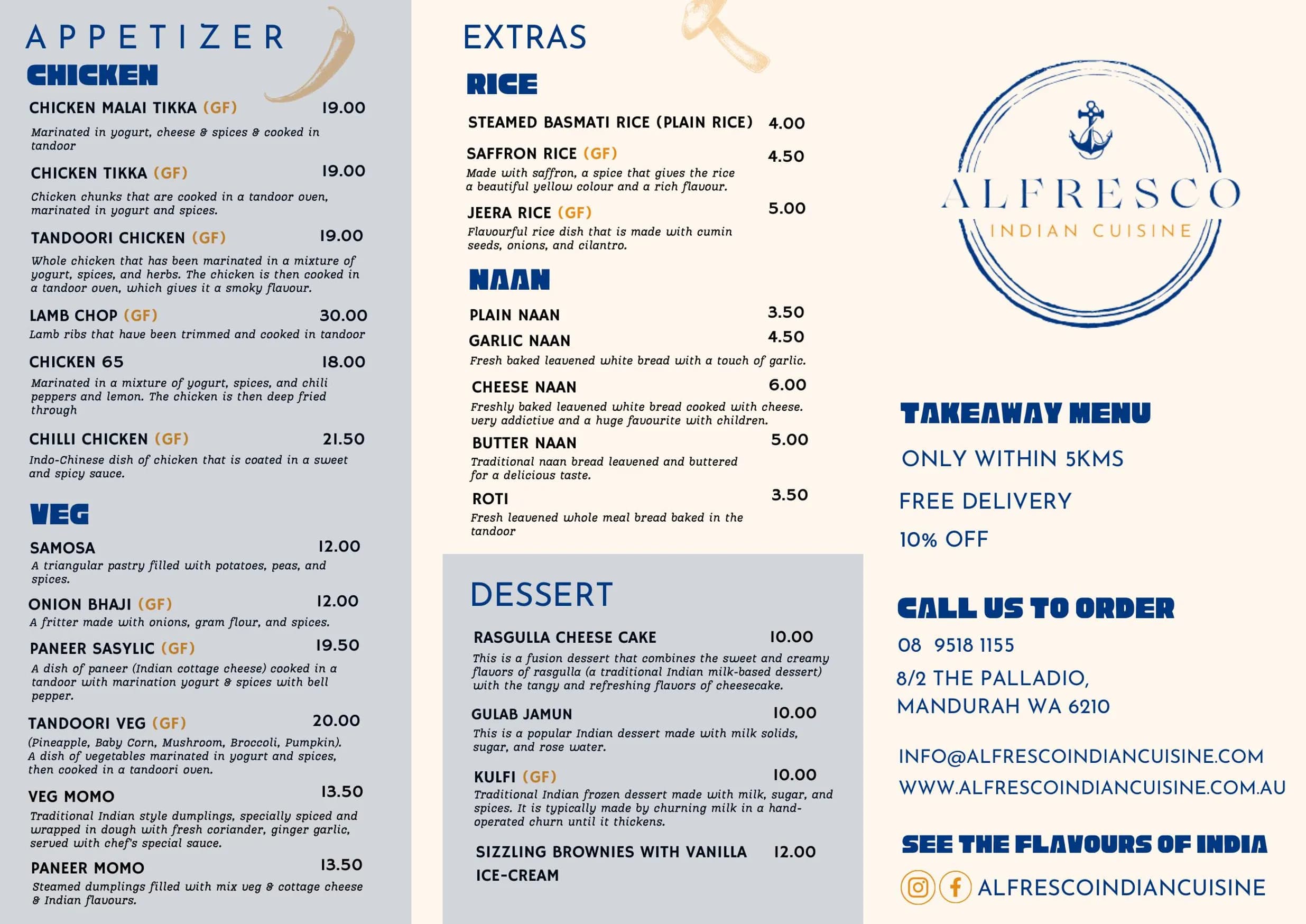 Alfresco Indian Cuisine menu, page 1