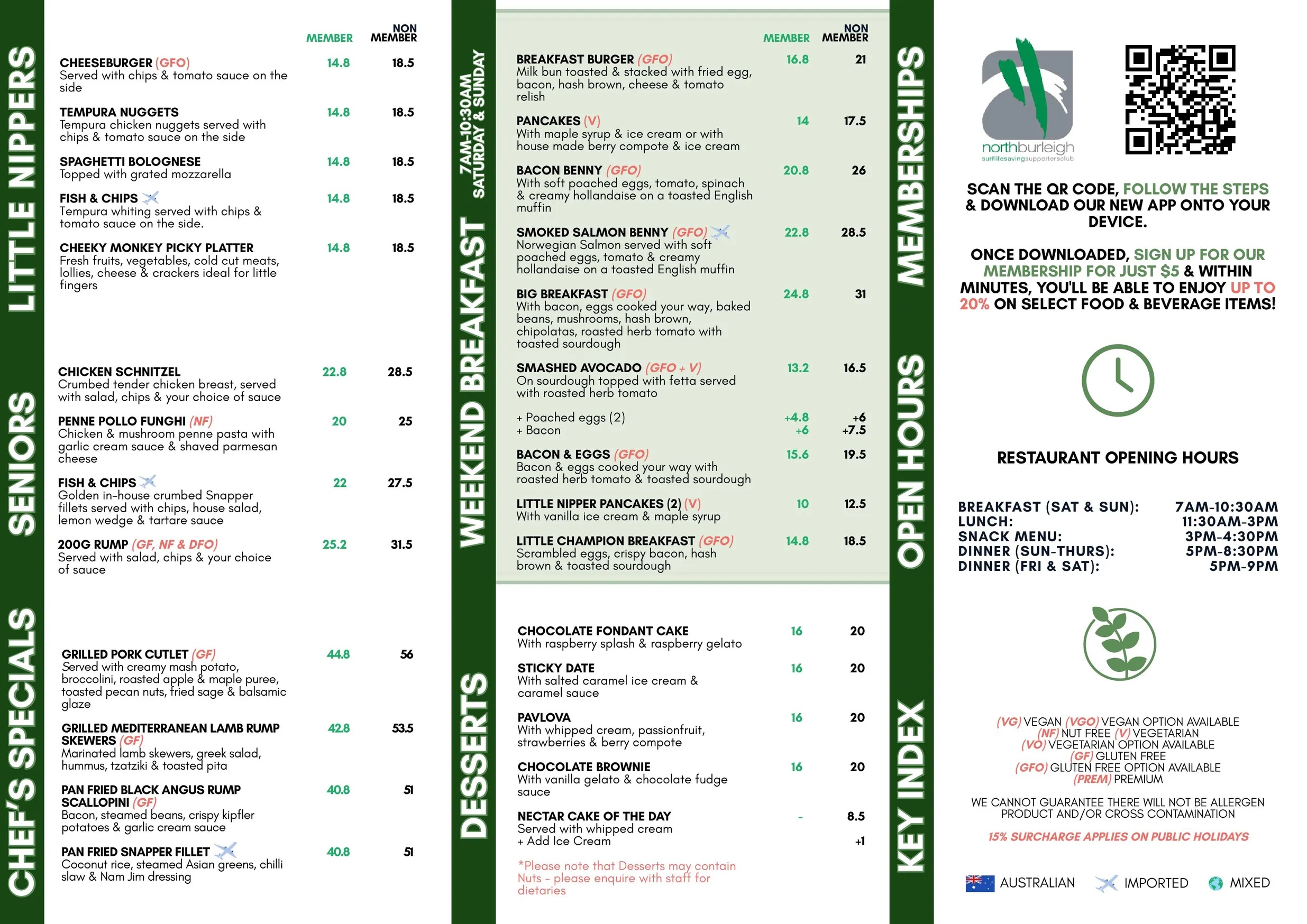 North Burleigh Surf Club menu, page 2