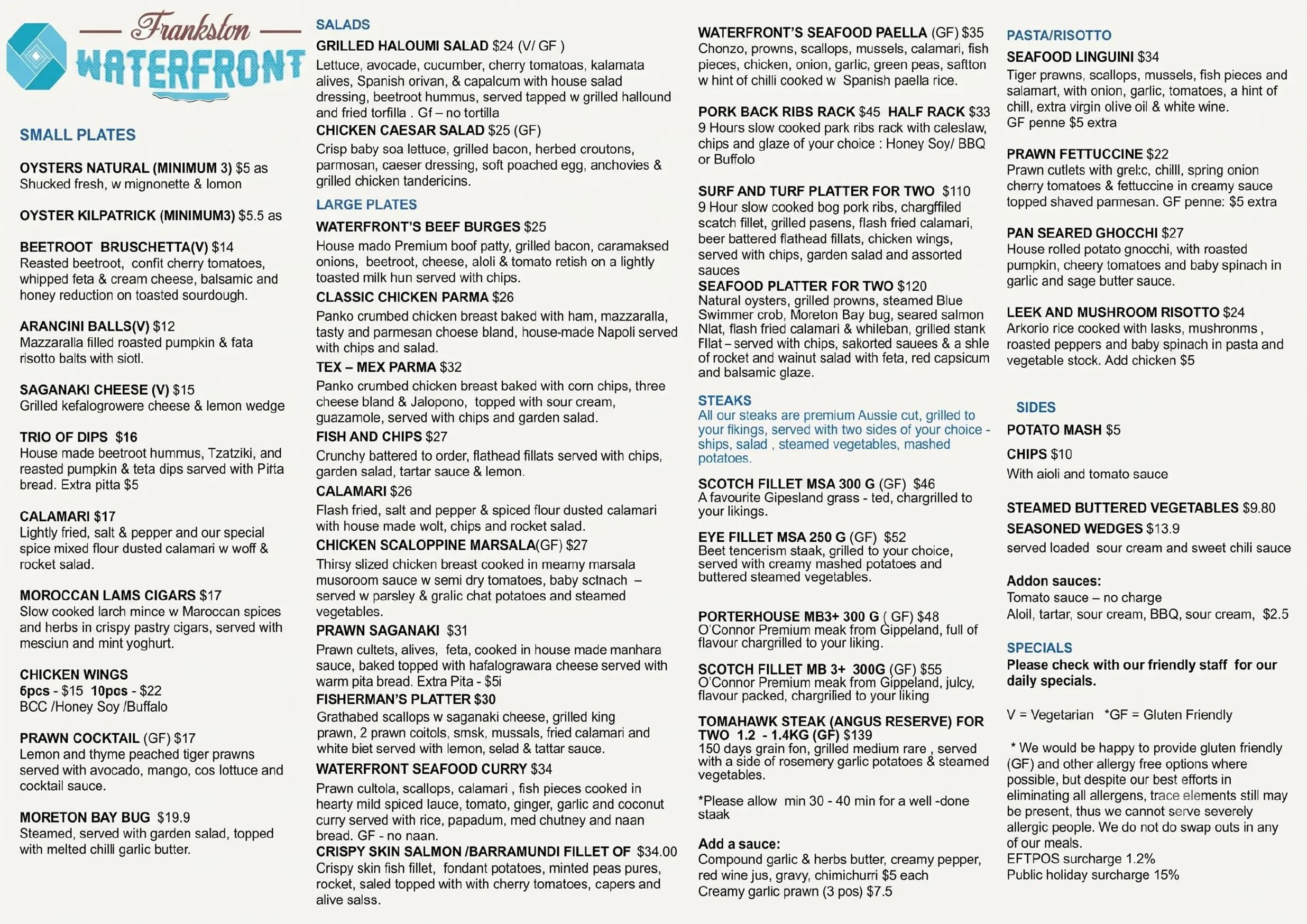 Frankston Waterfront menu, page 1