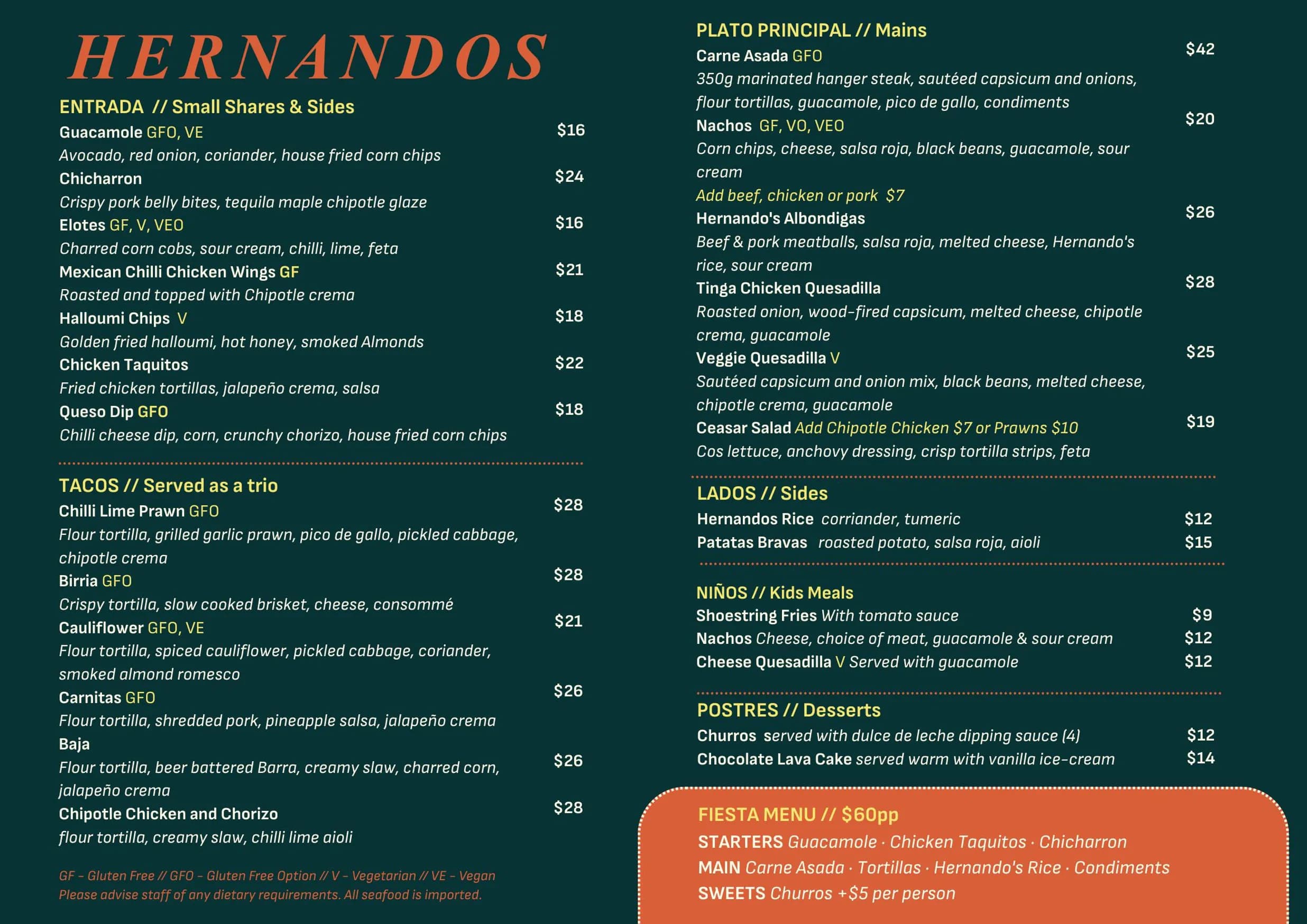 Hernandos menu, page 1