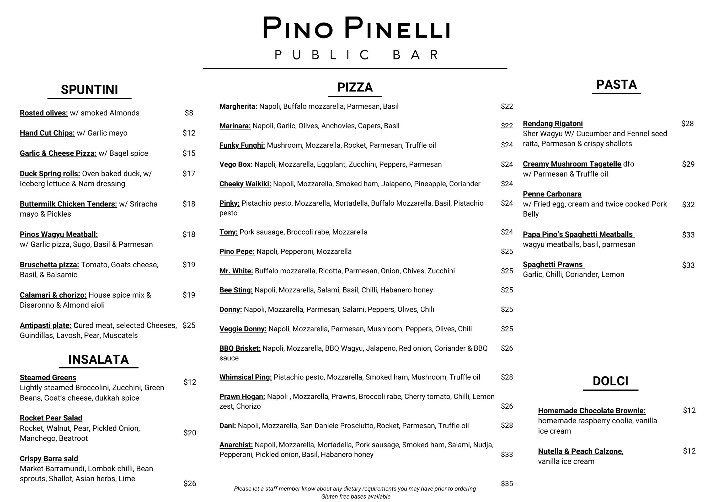 Pino Pinelli Public Bar menu, page 1
