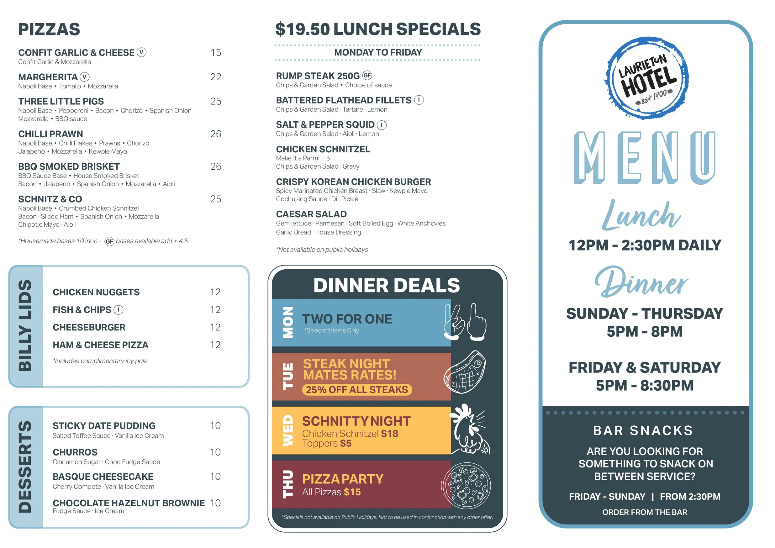 Laurieton Hotel menu, page 1