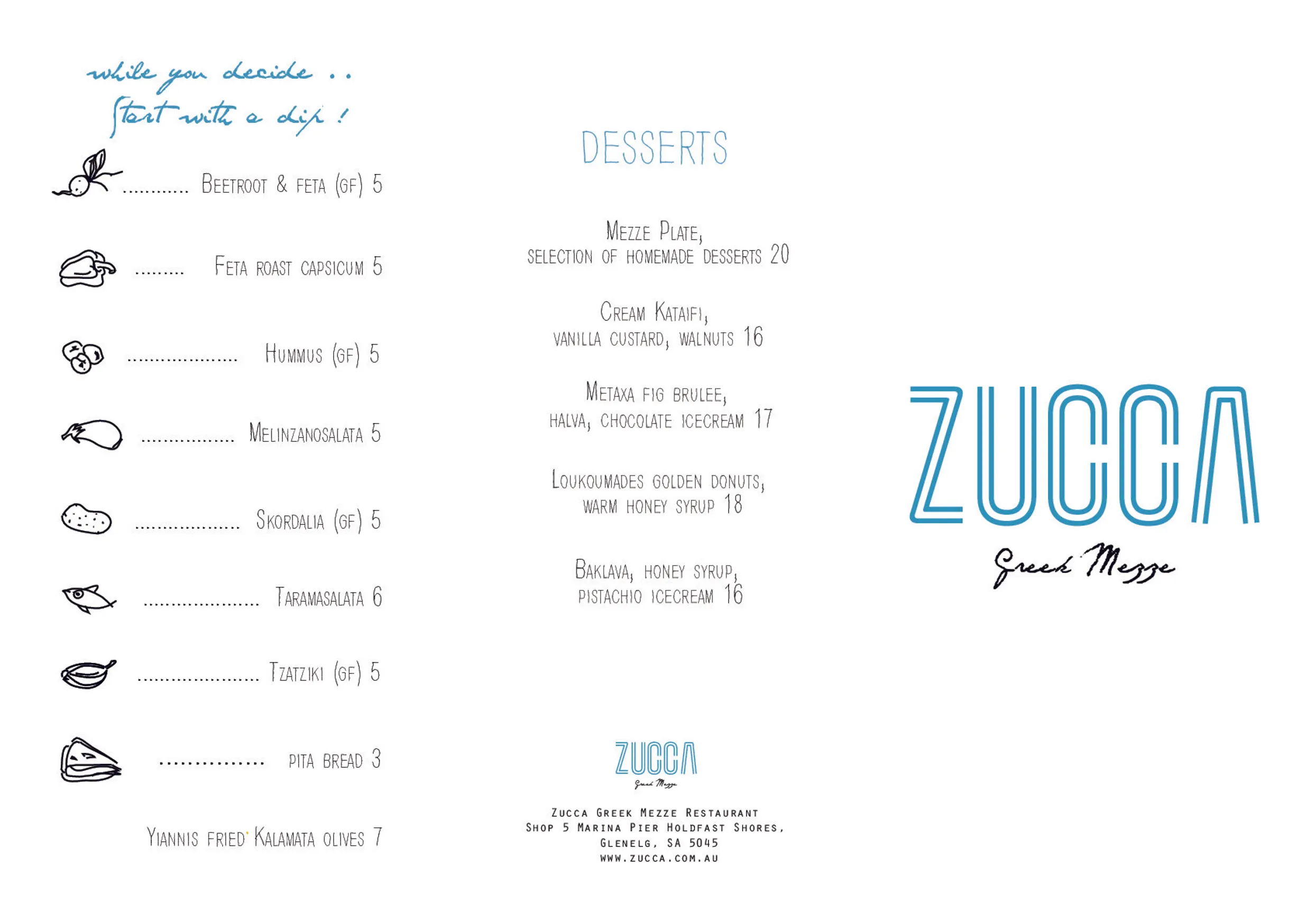 Zucca Greek Mezze menu, page 1