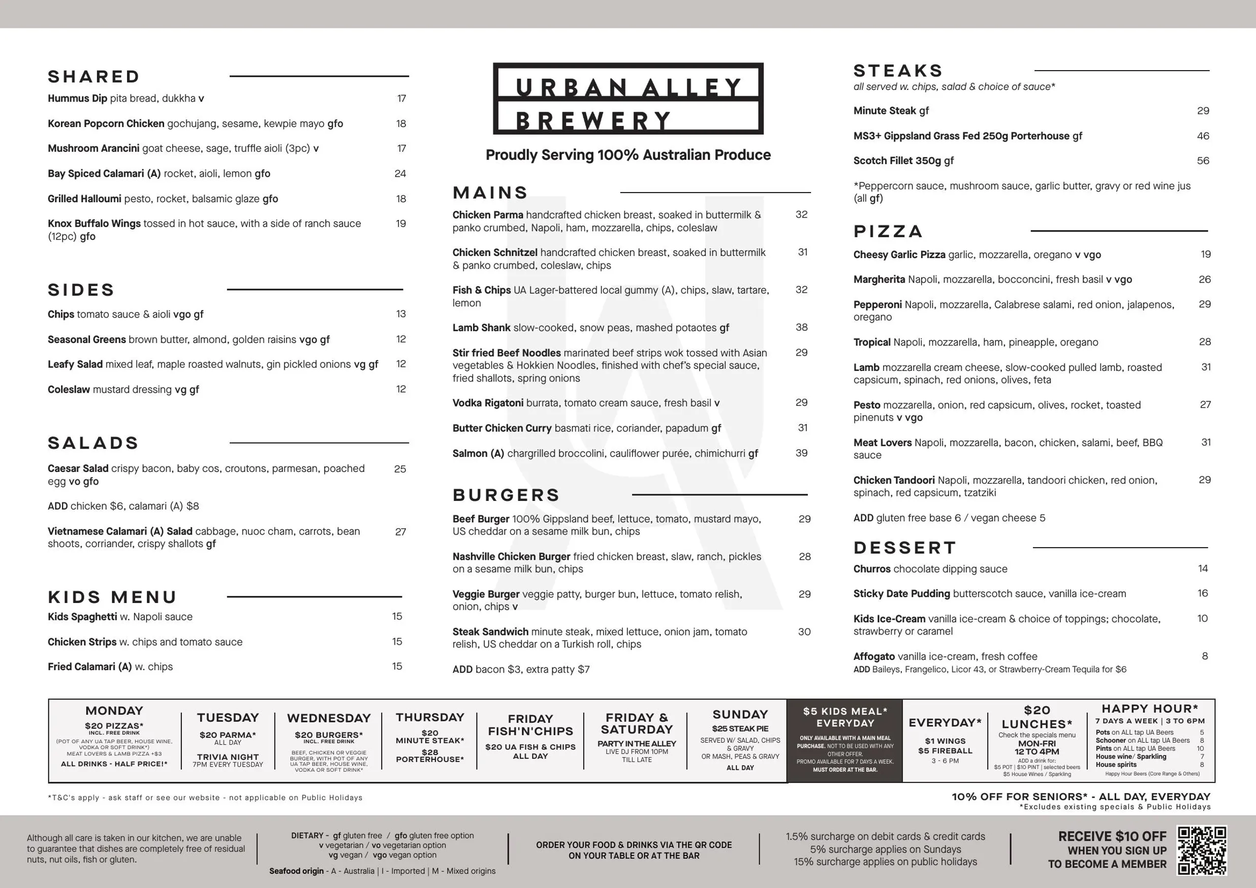 Urban Alley Brewery menu, page 1