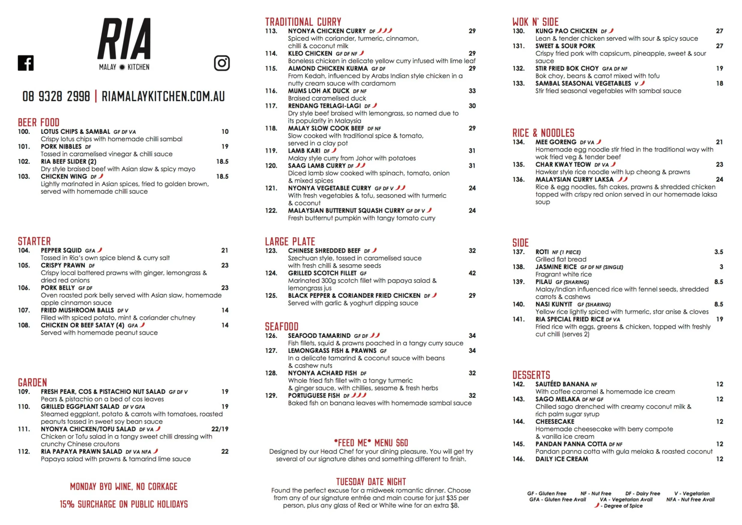 Ria Malay Kitchen menu, page 1