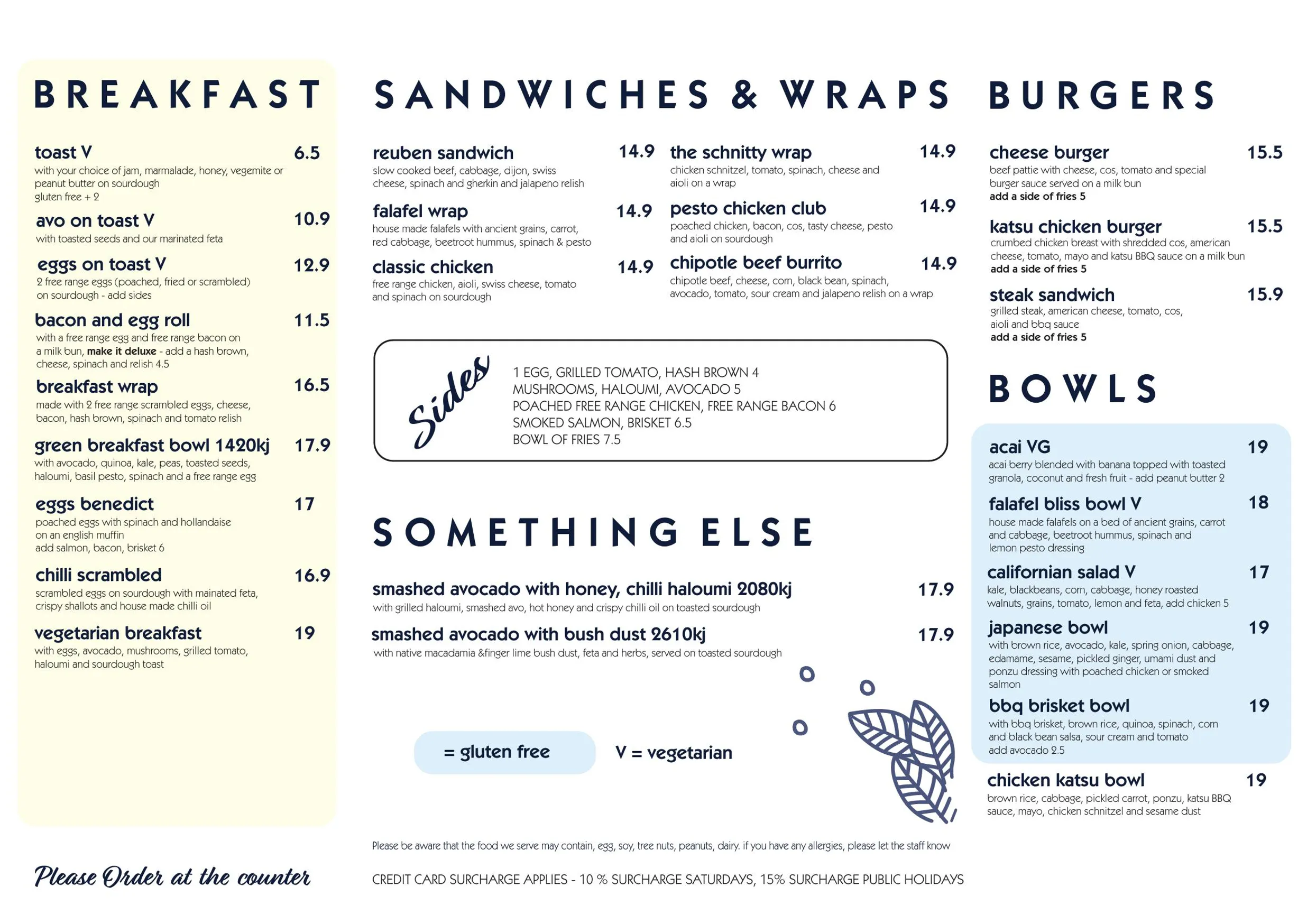Three Beans Eagle Street menu, page 1