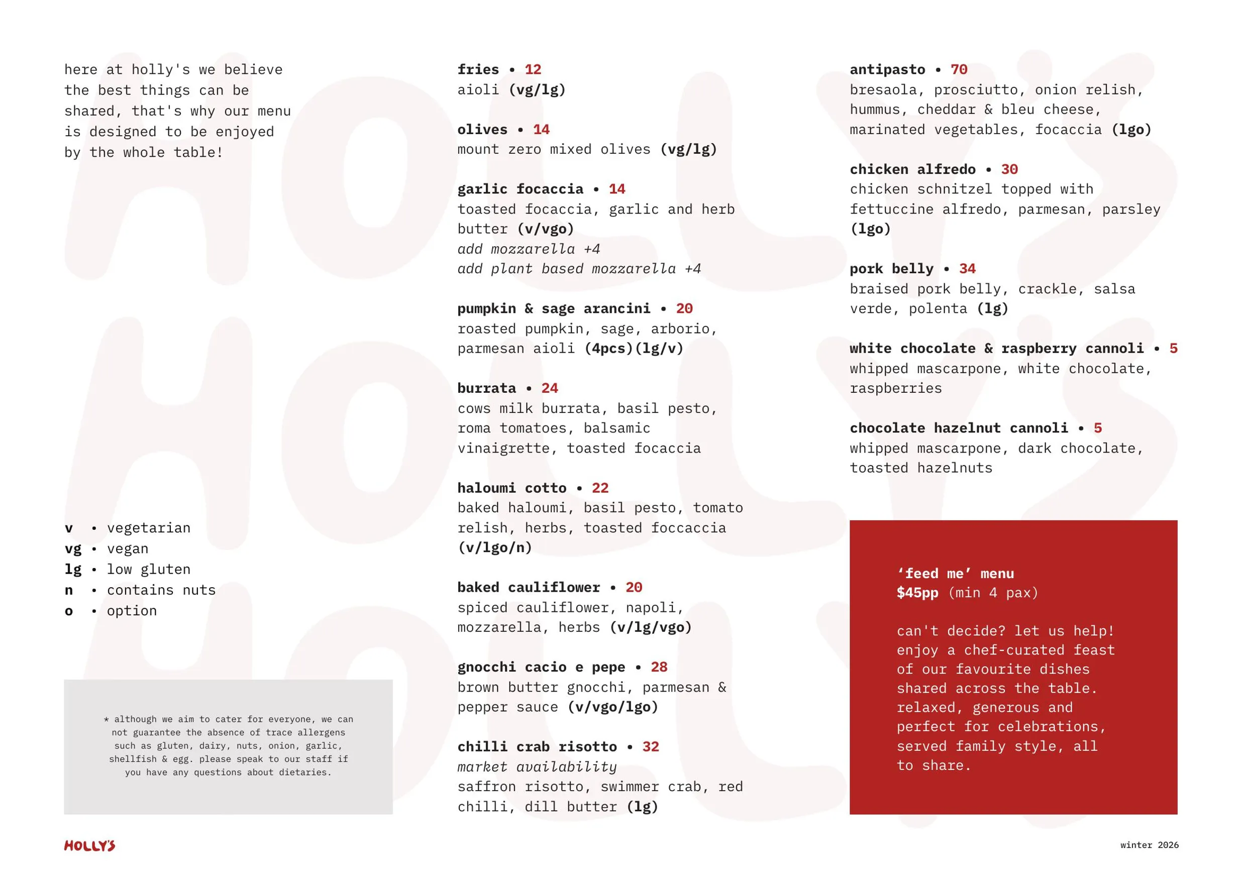 Holly's Bar & Kitchen menu, page 2