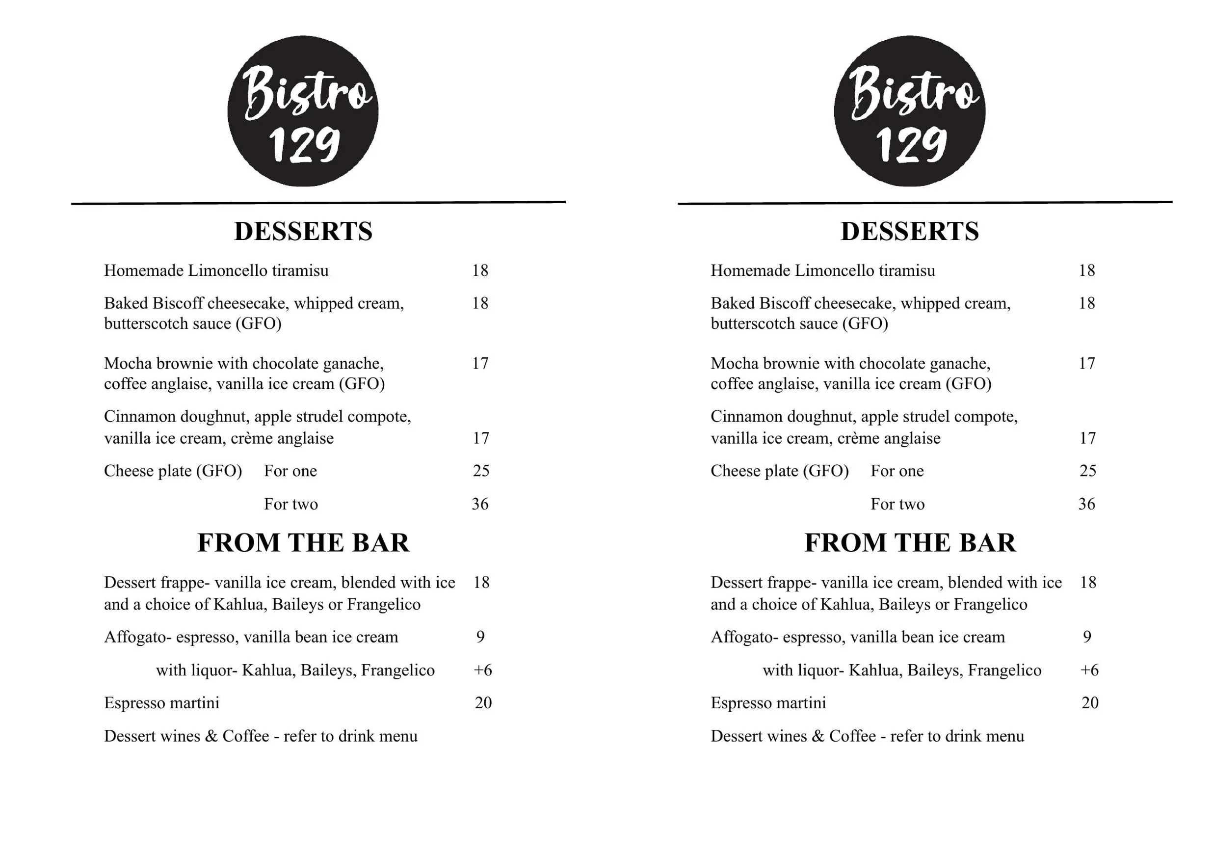 Bistro 129 menu, page 3