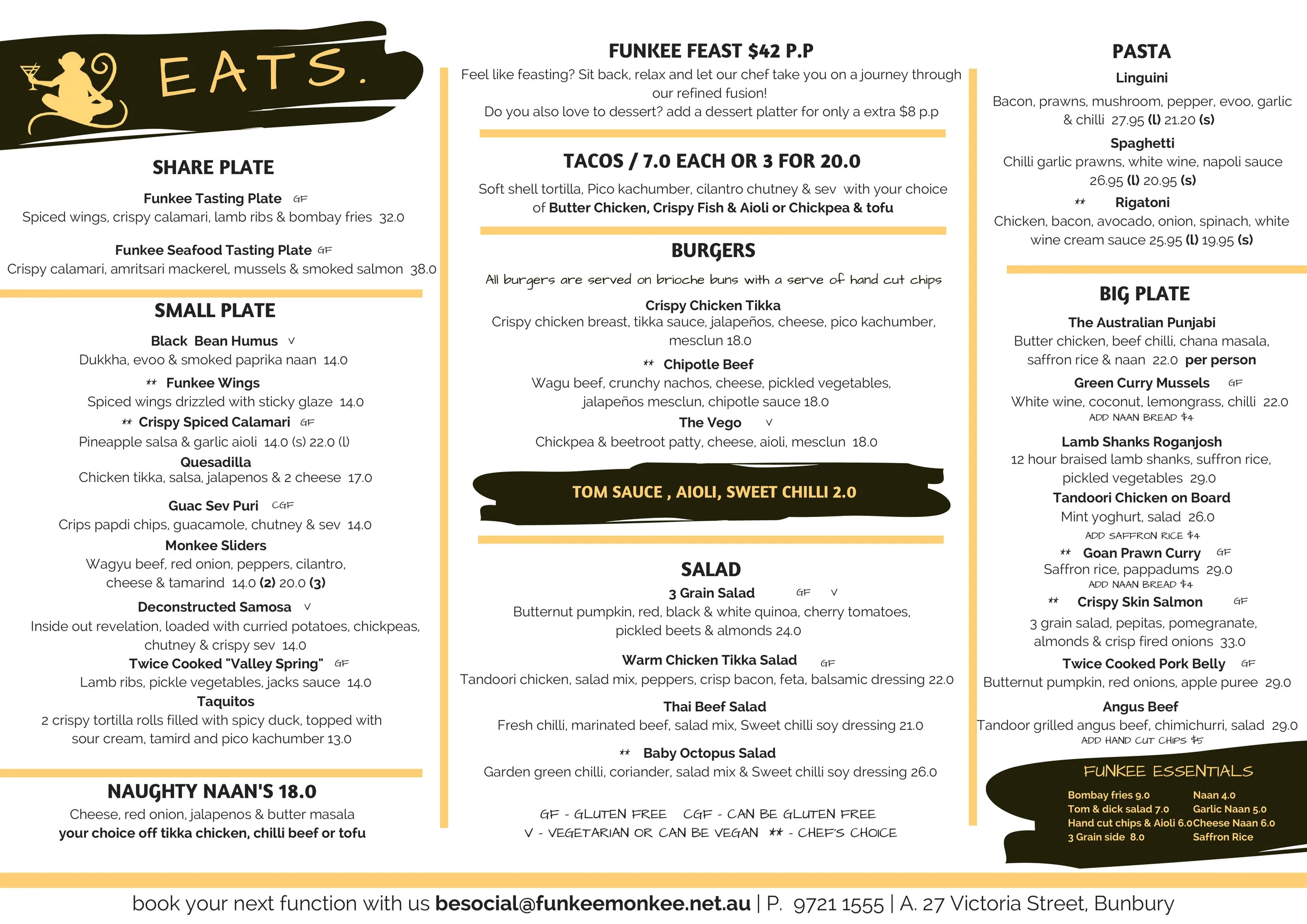 Funkee Monkee menu, page 1
