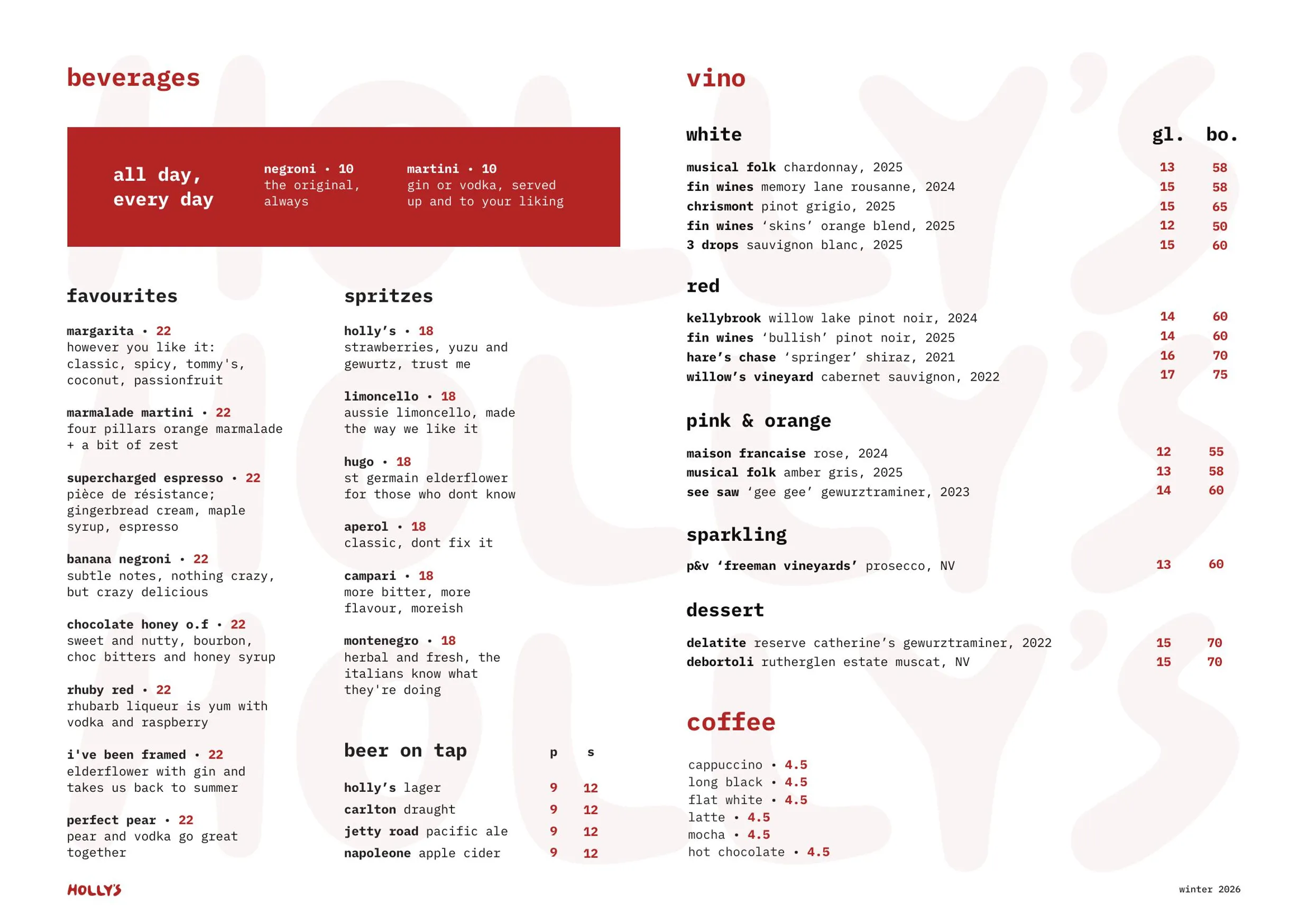 Holly's Bar & Kitchen menu, page 1