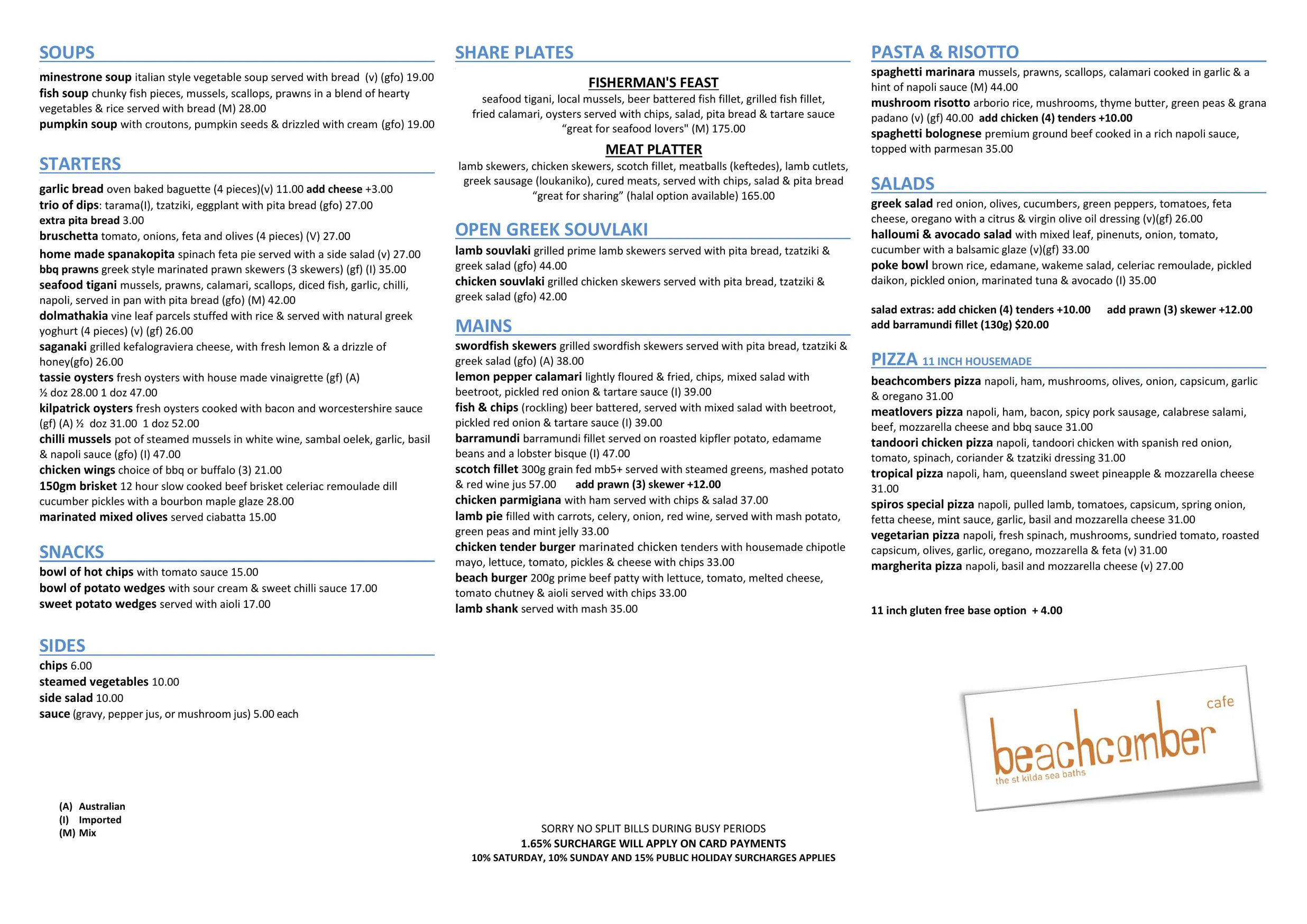 Beachcomber Cafe menu, page 1