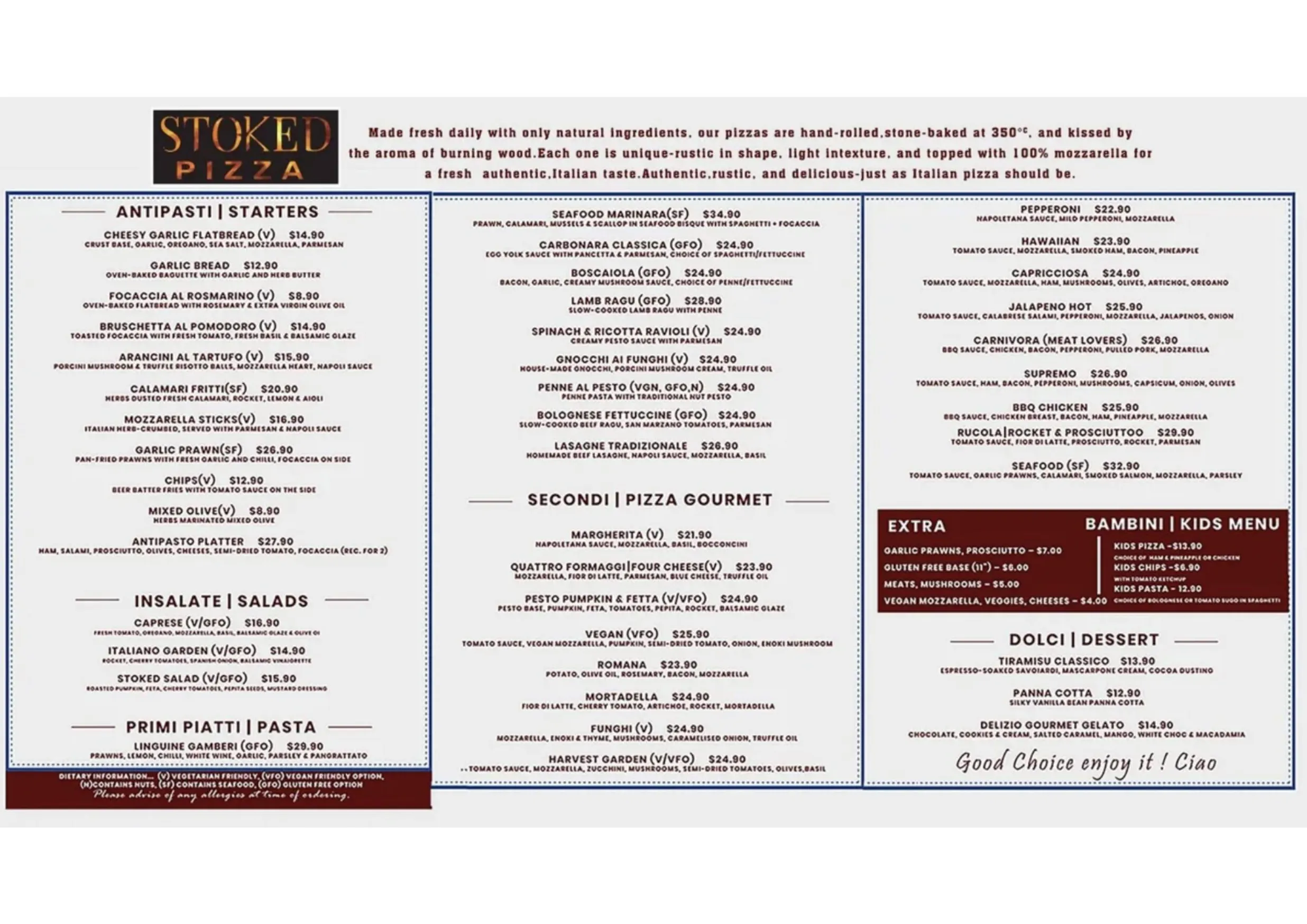 Stoked Pizza menu, page 1