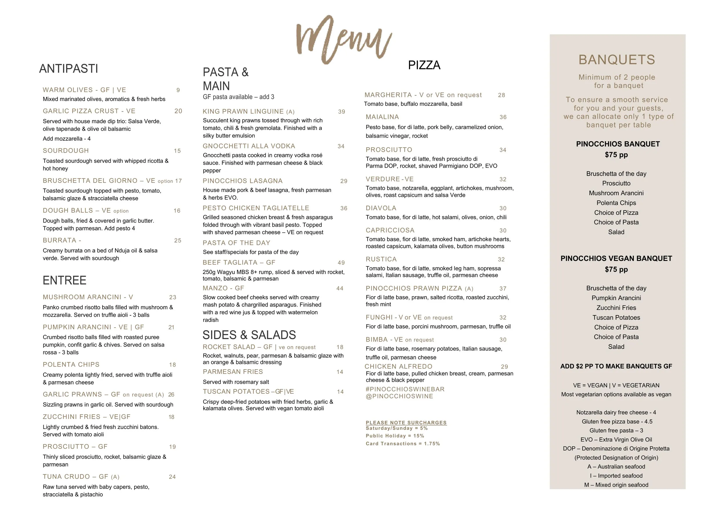 Pinocchio's Wine & Pizza Bar menu, page 1