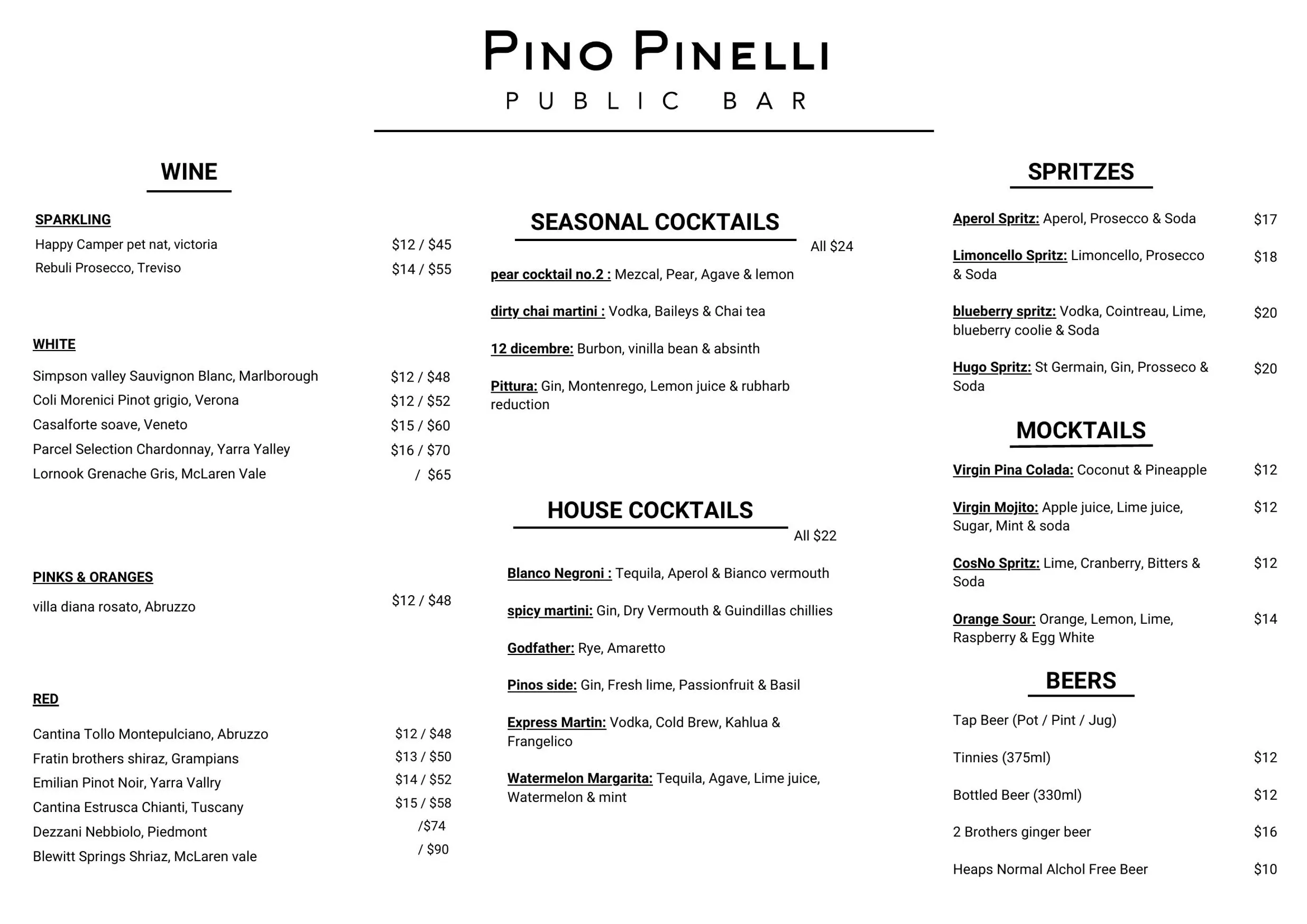 Pino Pinelli Public Bar menu, page 2