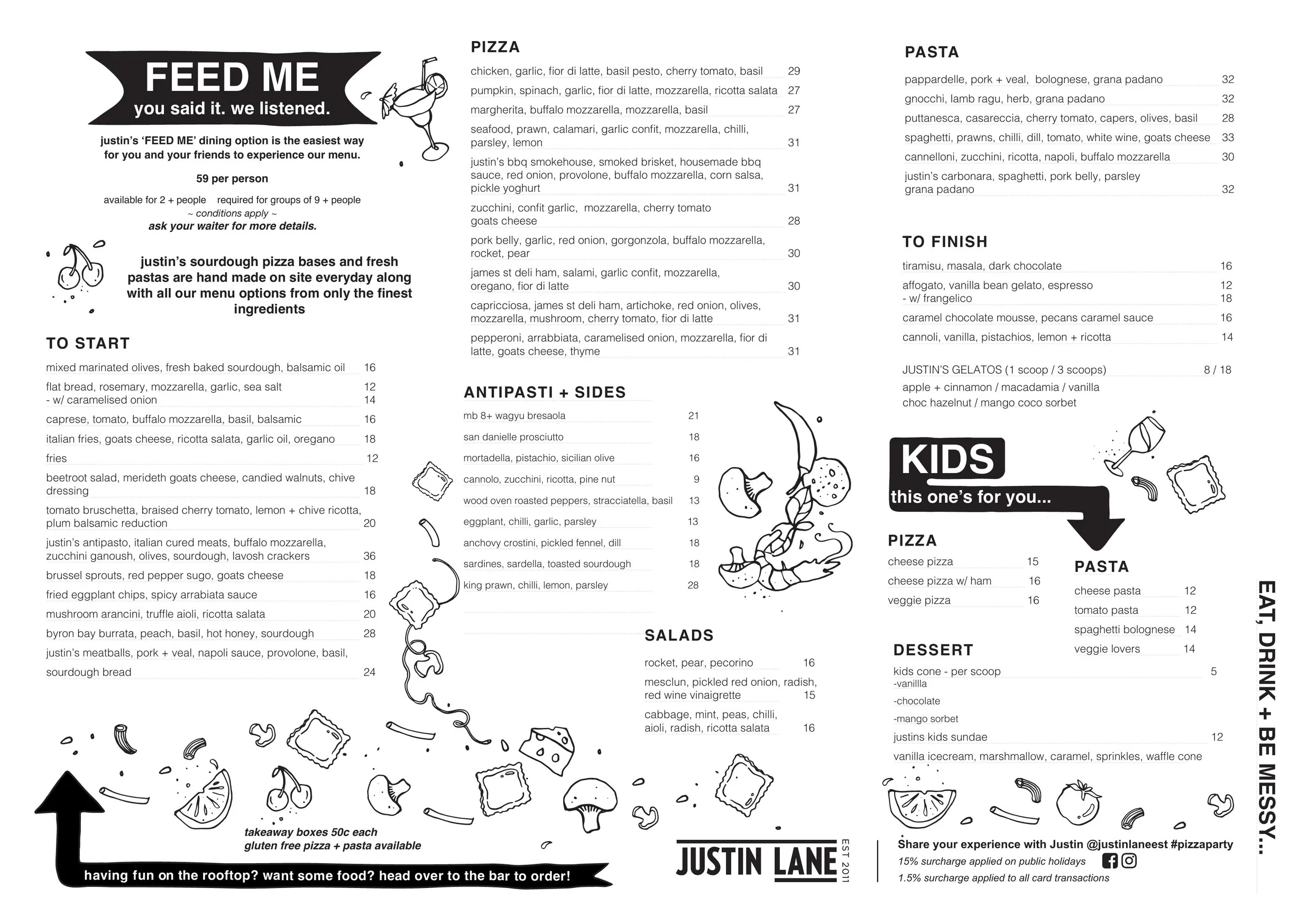 Justin Lane menu, page 1