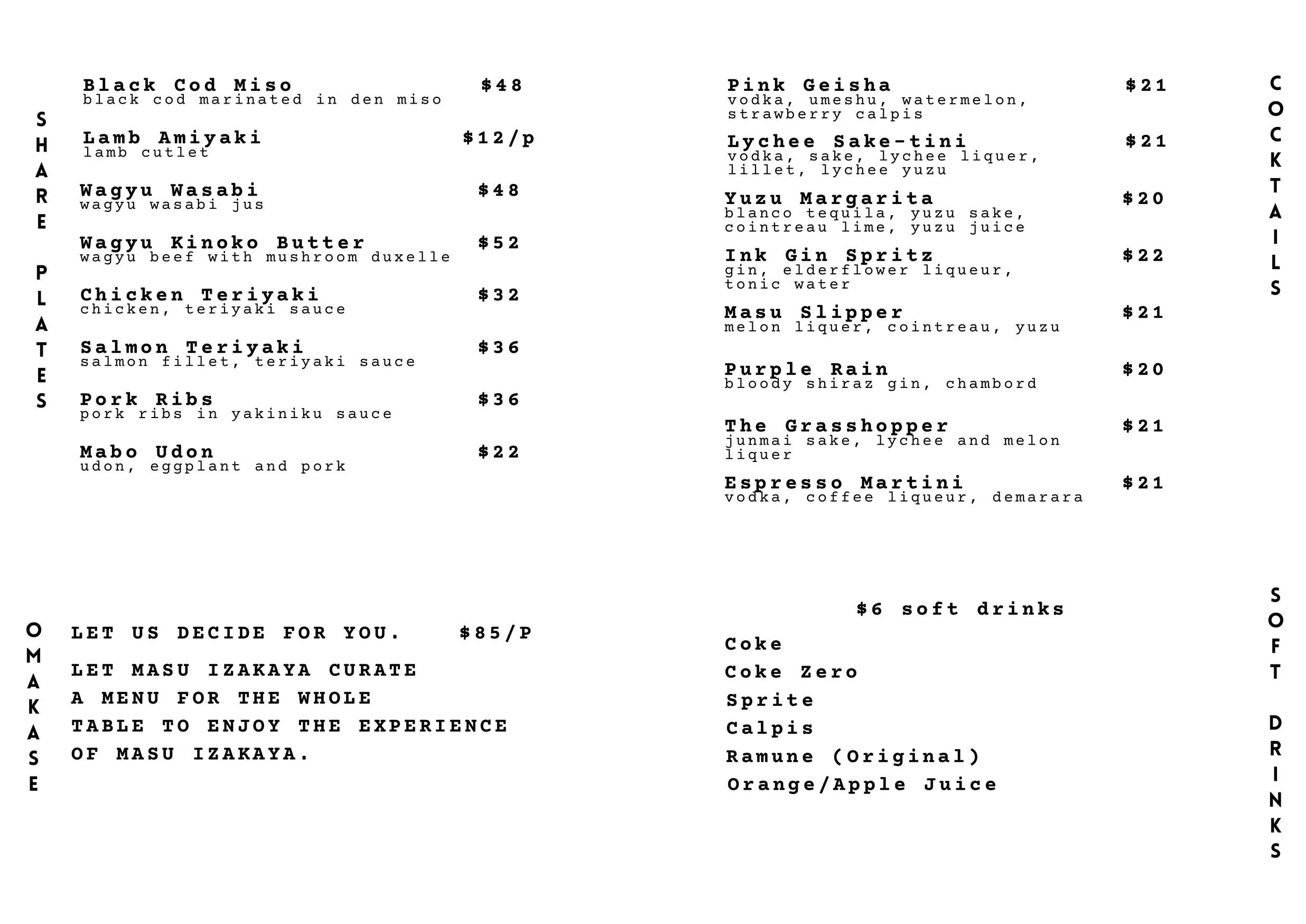 Masu Izakaya menu, page 1