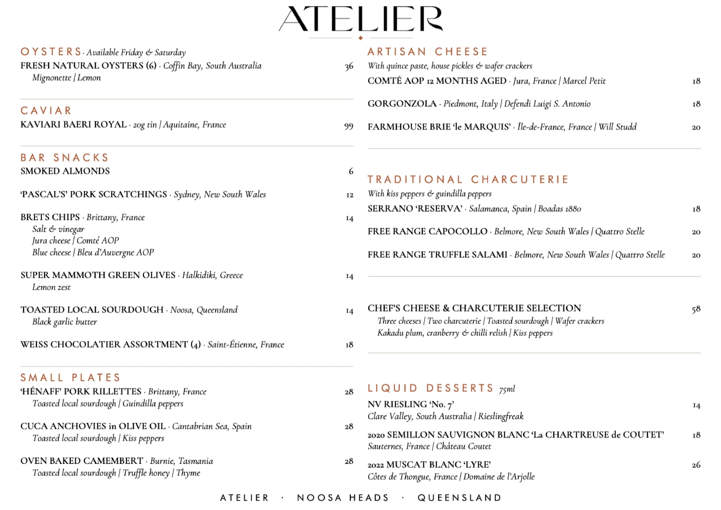 Atelier Wine Bar menu, page 1