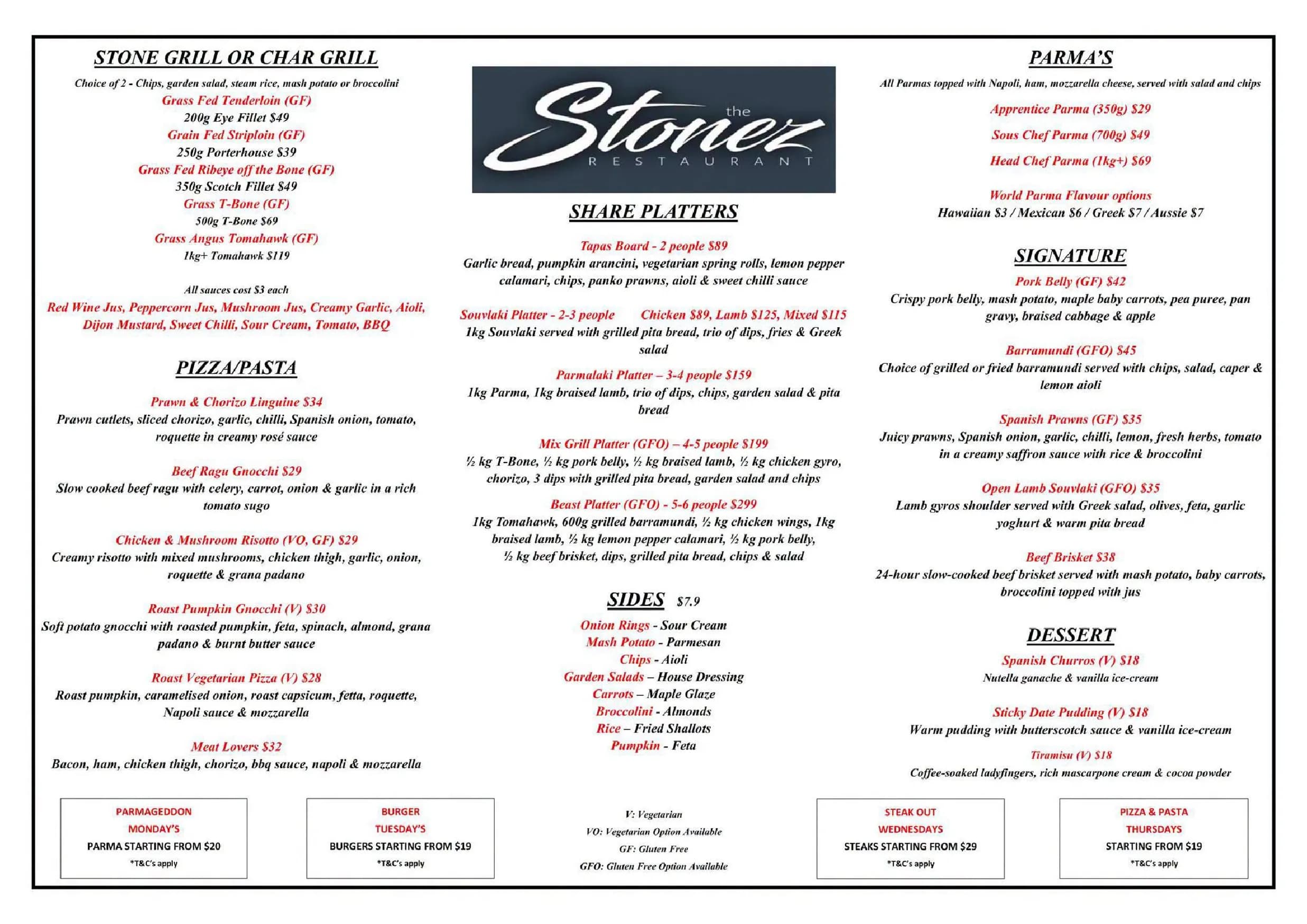 The Stonez menu, page 2
