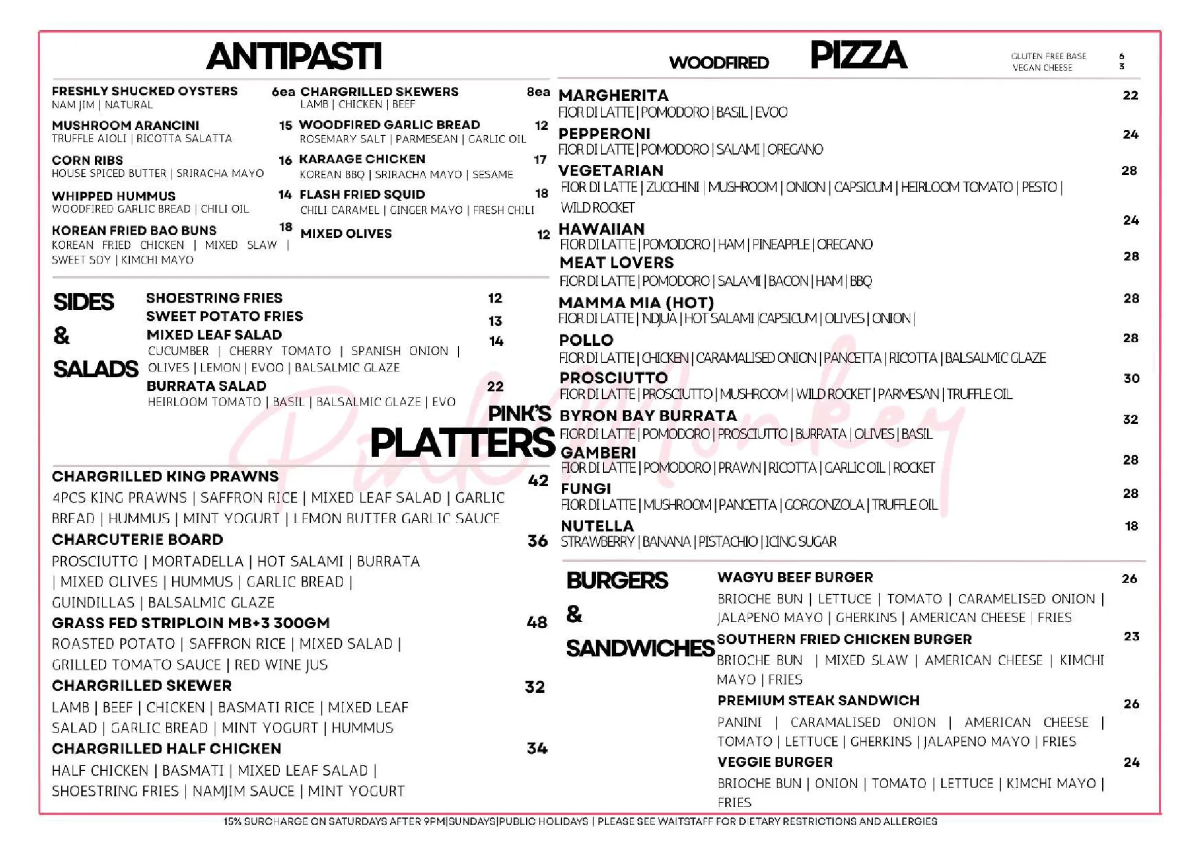 Pink Monkey Bar & Grill menu, page 1