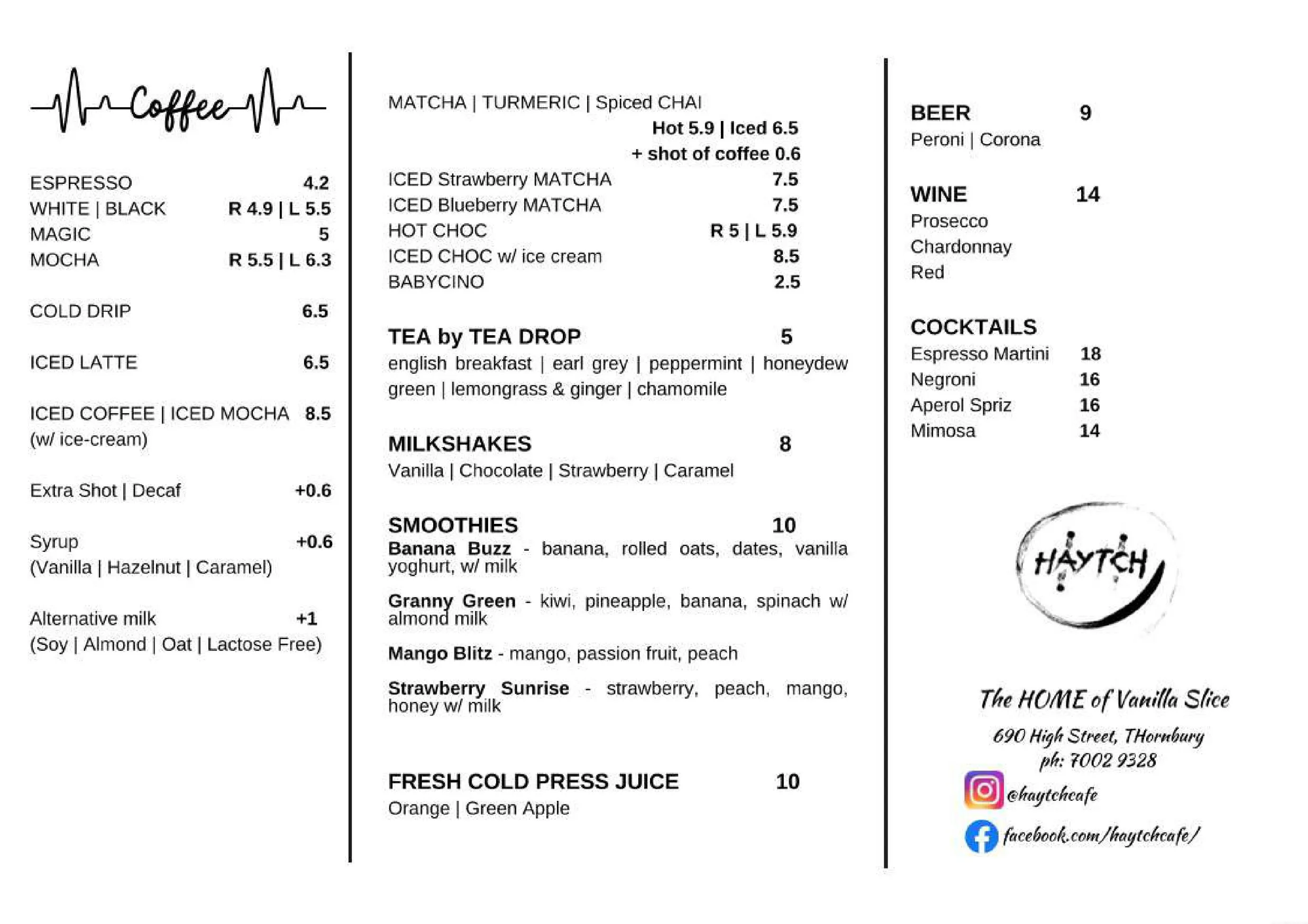 Haytch Cafe menu, page 2