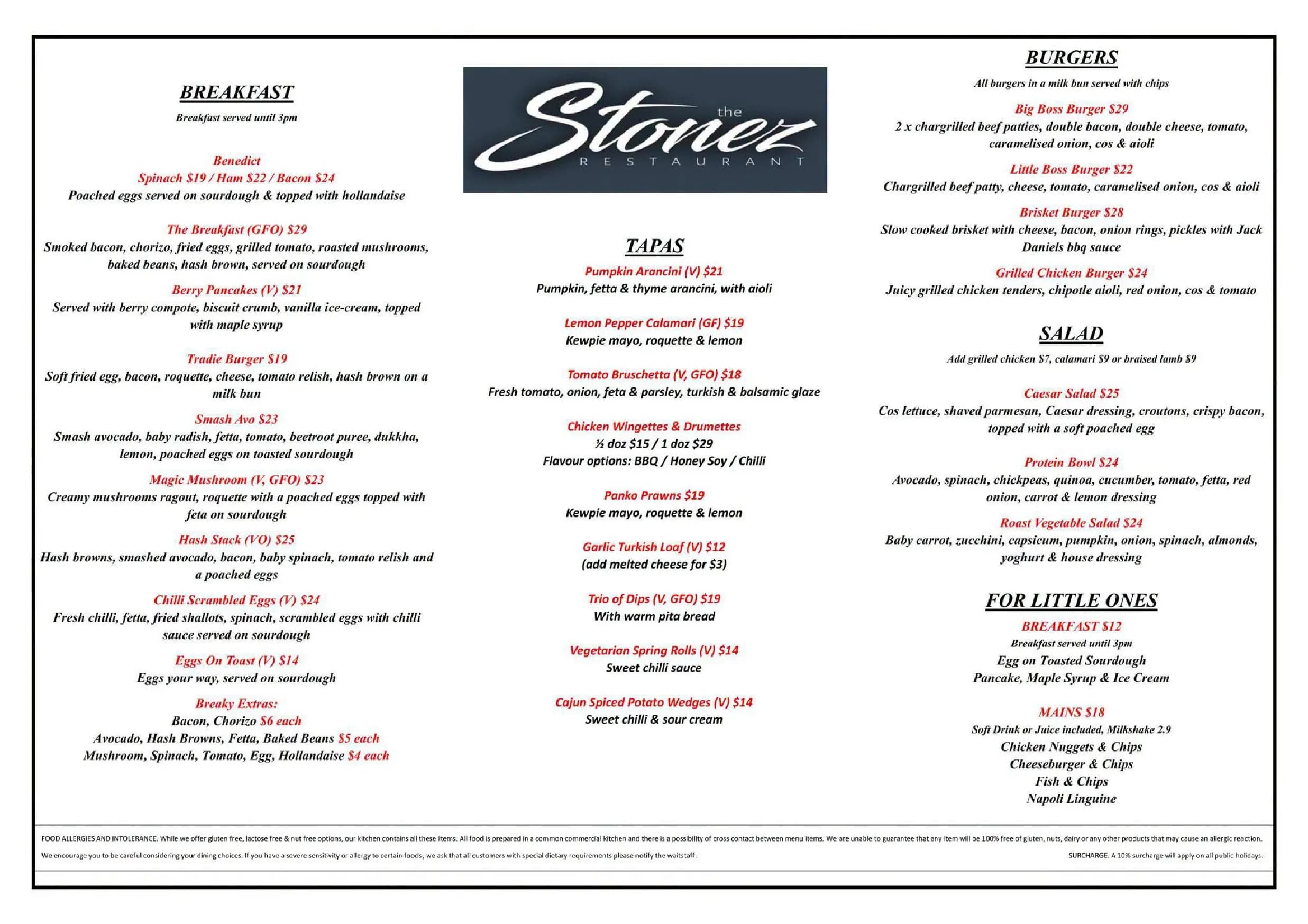 The Stonez menu, page 1