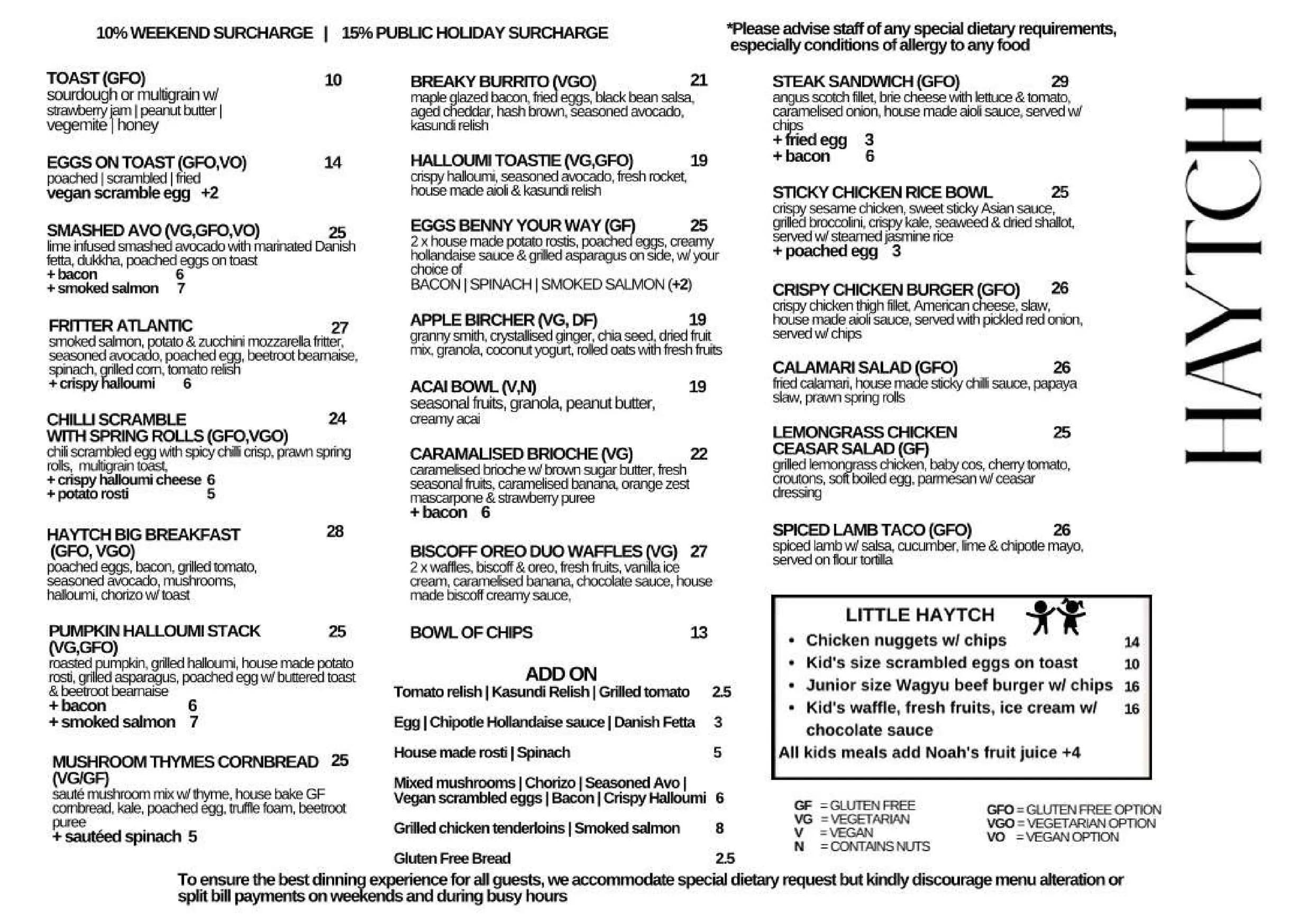 Haytch Cafe menu, page 1