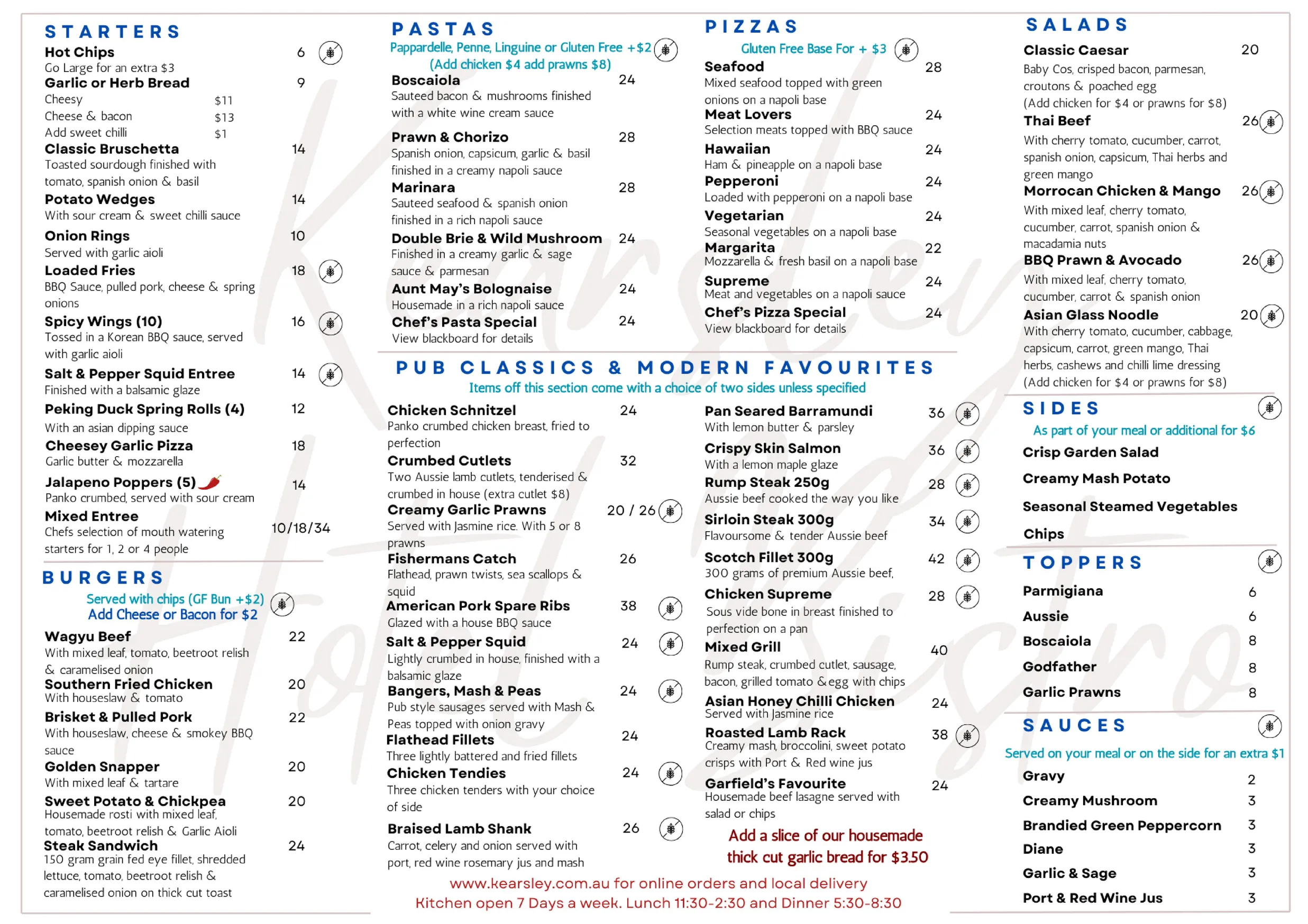Kearsley Hotel menu, page 1
